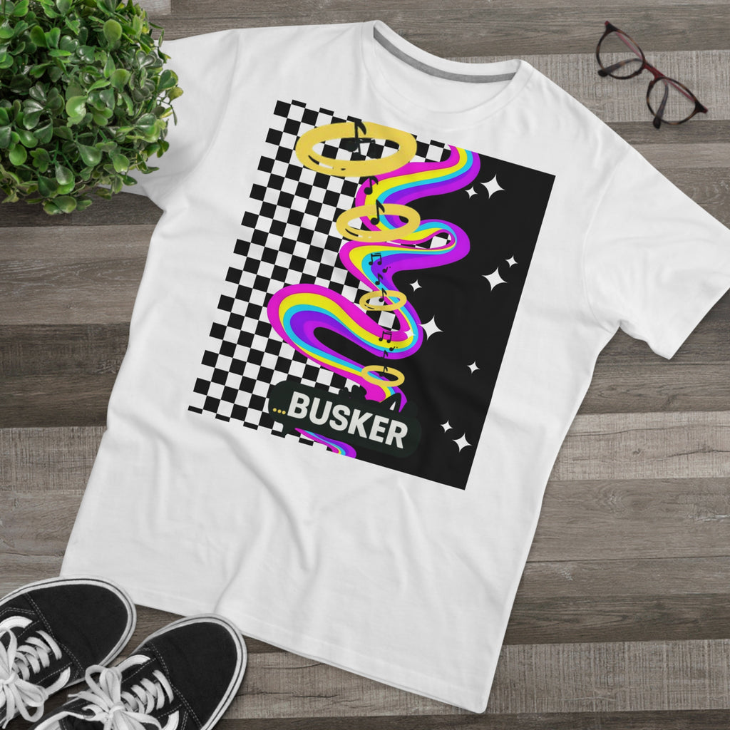 Men's Modern-fit Tee with 'BUSKER' Graphic - Trendy Casual Shirt, Festival Fashion, Music Lover Gift, Streetwear Apparel, Stylish Summer Top