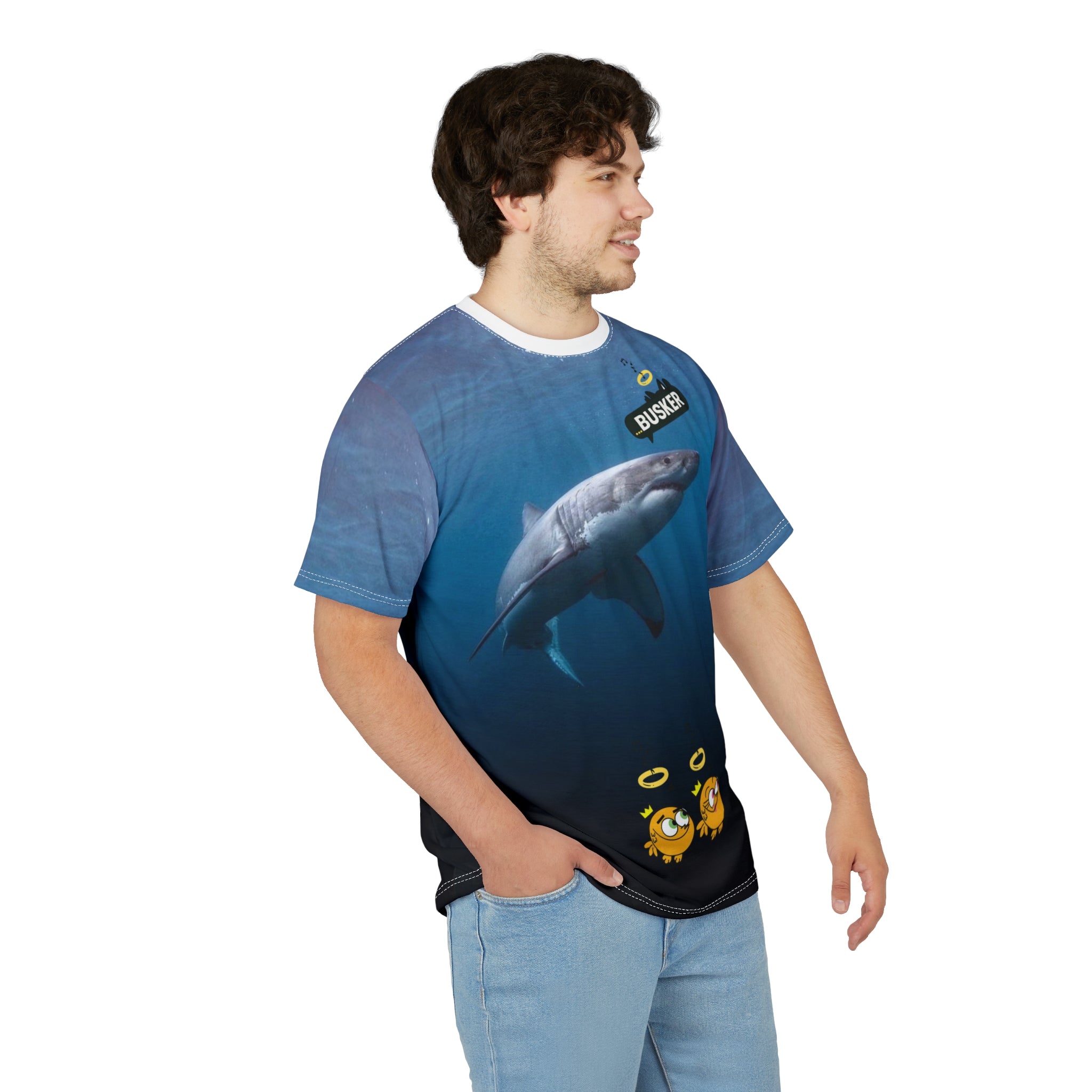 Ocean-Inspired Unisex Cut & Sew Tee, Unique Shark Design, Beachwear, Fun Gift for Ocean Lovers, Playful and Comfortable Clothing