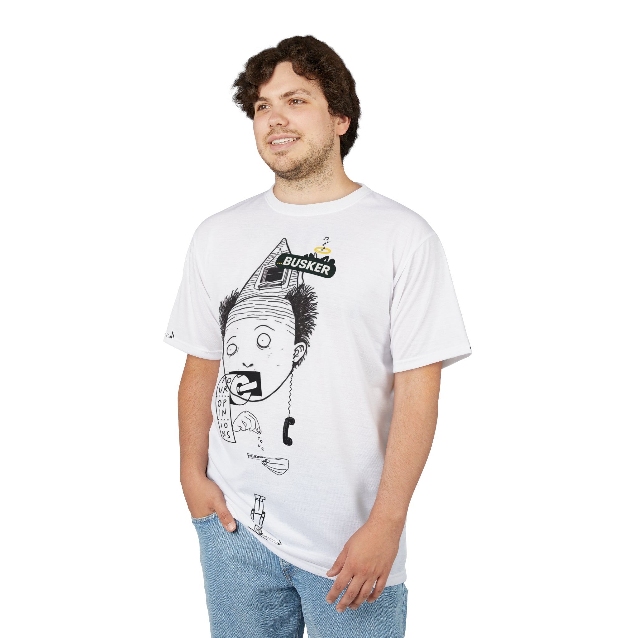 Whimsical Unisex Graphic Tee, Funny T-Shirt for Music Lovers, Unique Gift for Buskers, Street Performer Apparel, Quirky Art Shirt