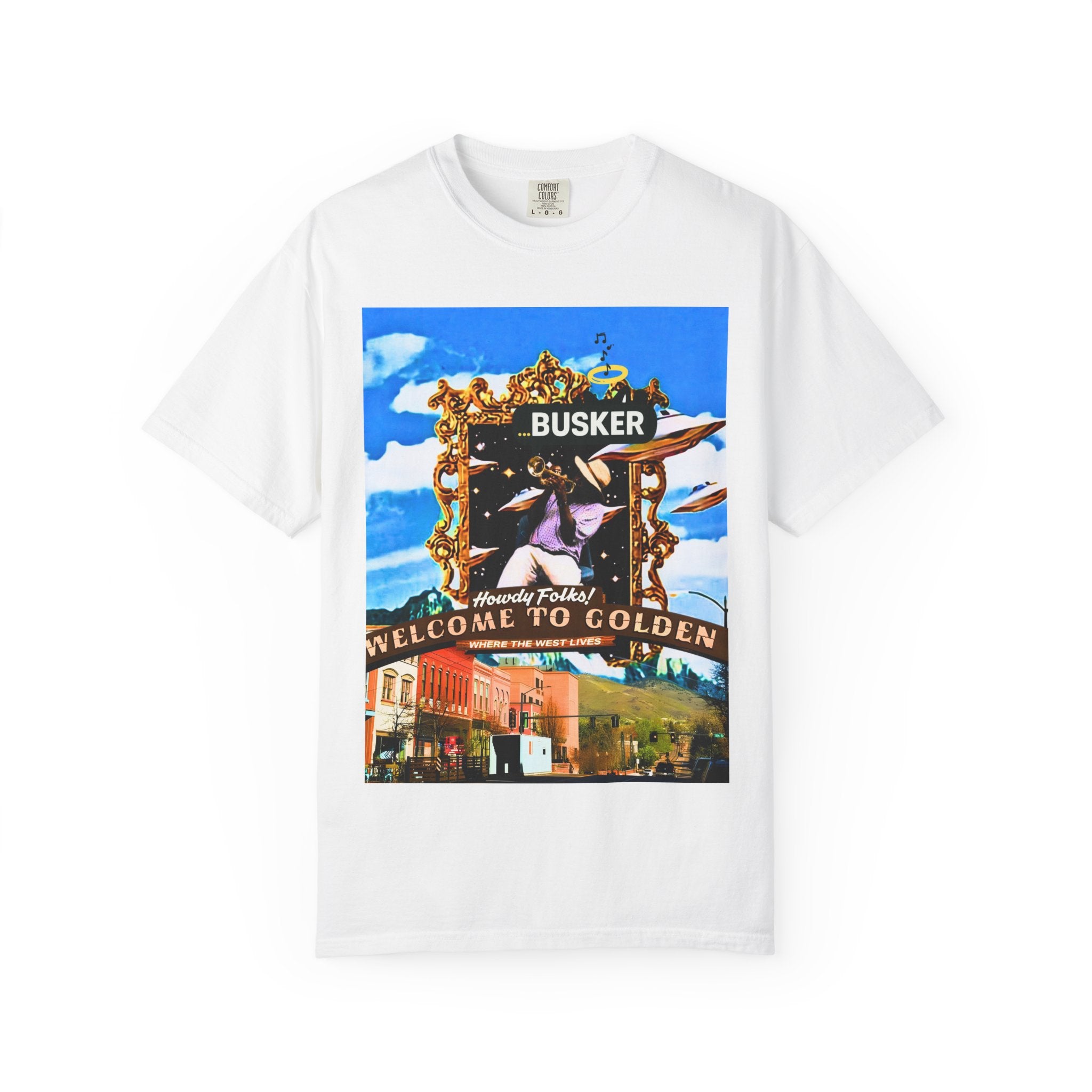 "Welcome to Golden" Exclusive Busker Unisex Garment-Dyed T-shirt, Music Lover Gift, Vintage Style Tee, Festival Wear, Casual Outfit