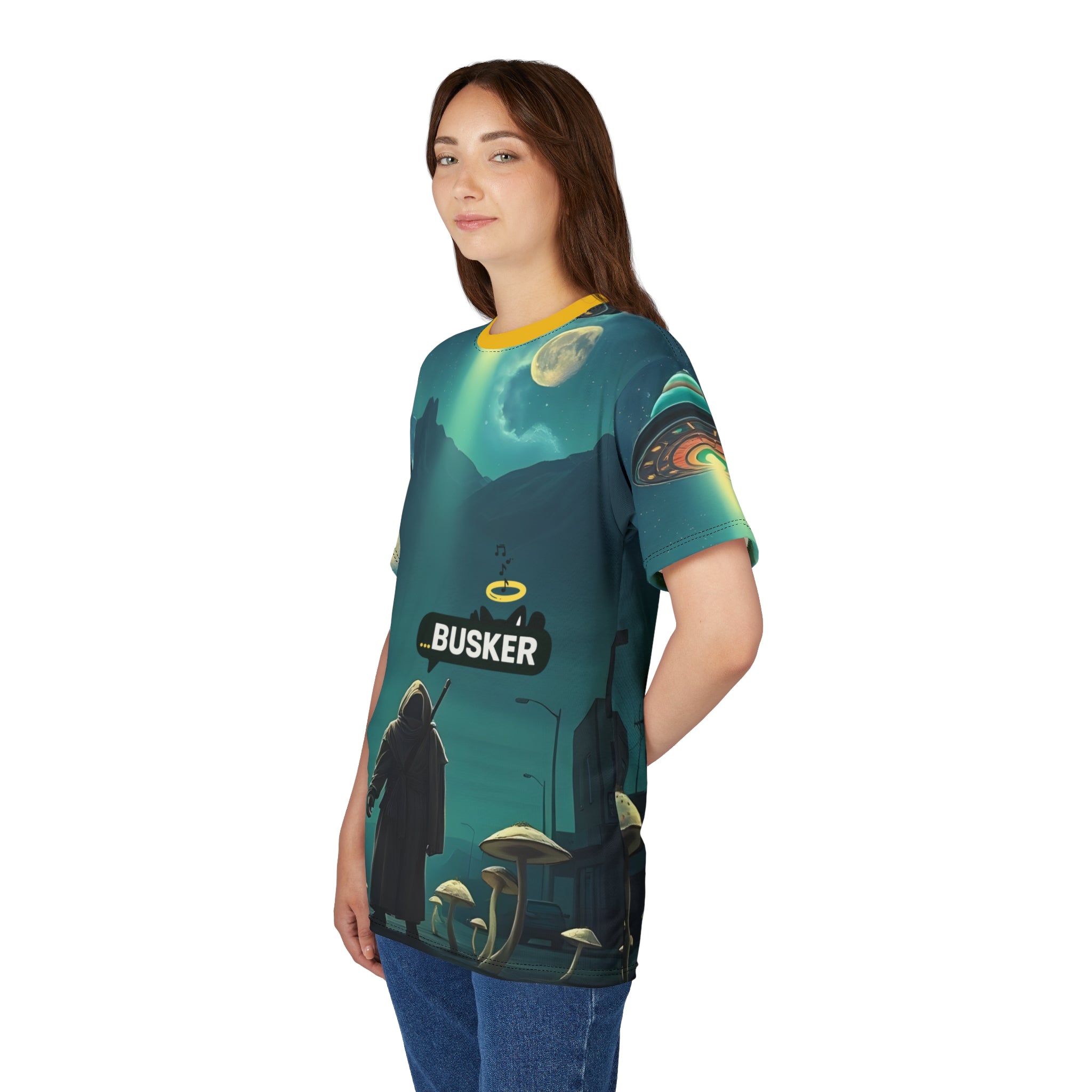 Cosmic Busker Unisex Tee, Galaxy T-Shirt, Sci-Fi Short Sleeve Shirt, Unique Graphic Top, Music Lover Gift, Street Performer Apparel