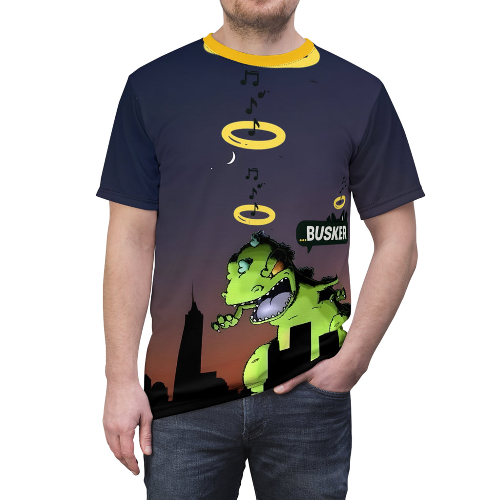 Rooftop Dino Busker Tee | Fun Graphic Shirt for Music Lovers, Festivals, Retro Style, Unisex T-Shirt, Unique Gift Idea