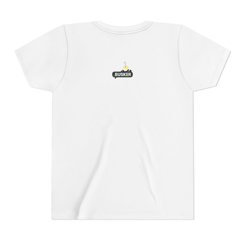 Whimsical Youth Tee with 'Busker' Design, Fun Gift, Summer Style, Music Lovers, Kid's Fashion, Creative Apparel