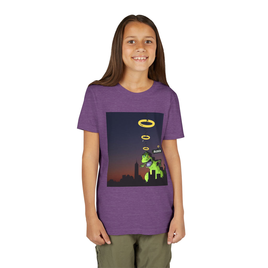 Youth Graphic Tee with Dinosaur Design, Fun Tee for Kids, Summer Style, Birthday Gift, Casual Wear, Playful Outfit, Busker Theme