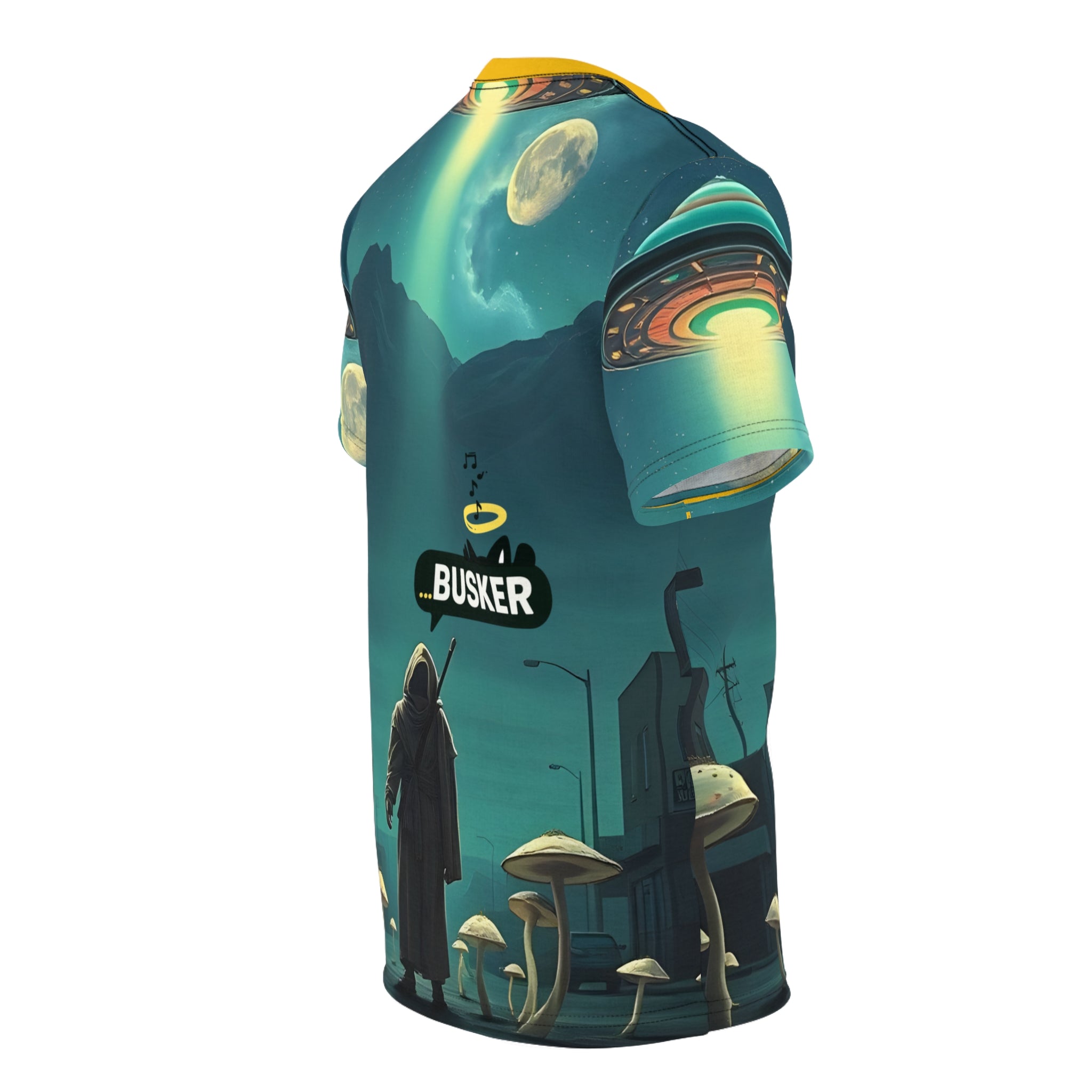 Cosmic Busker Unisex Tee, Galaxy T-Shirt, Sci-Fi Short Sleeve Shirt, Unique Graphic Top, Music Lover Gift, Street Performer Apparel