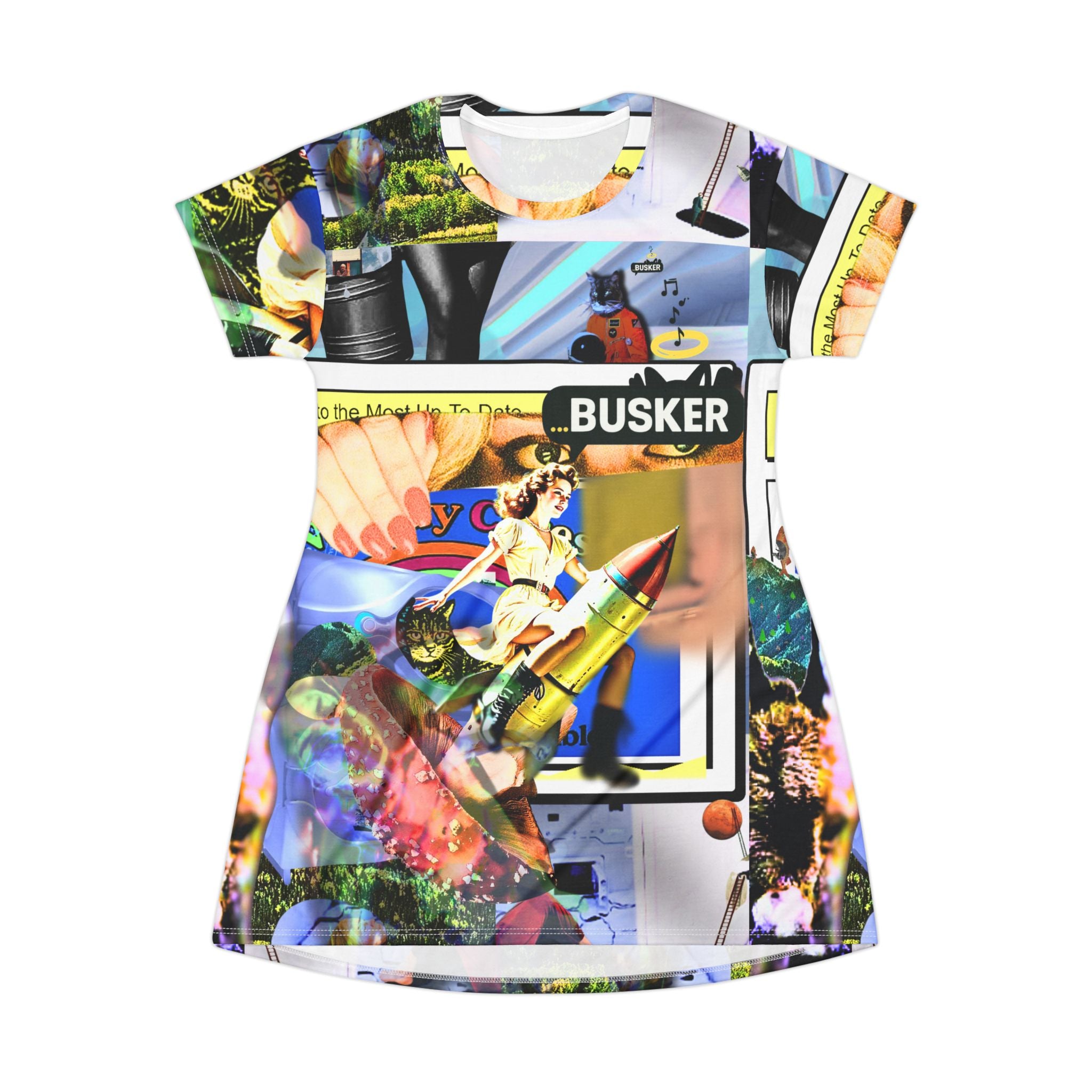 Artistic Busker T-Shirt Dress - Colorful AOP Design for Creative Souls