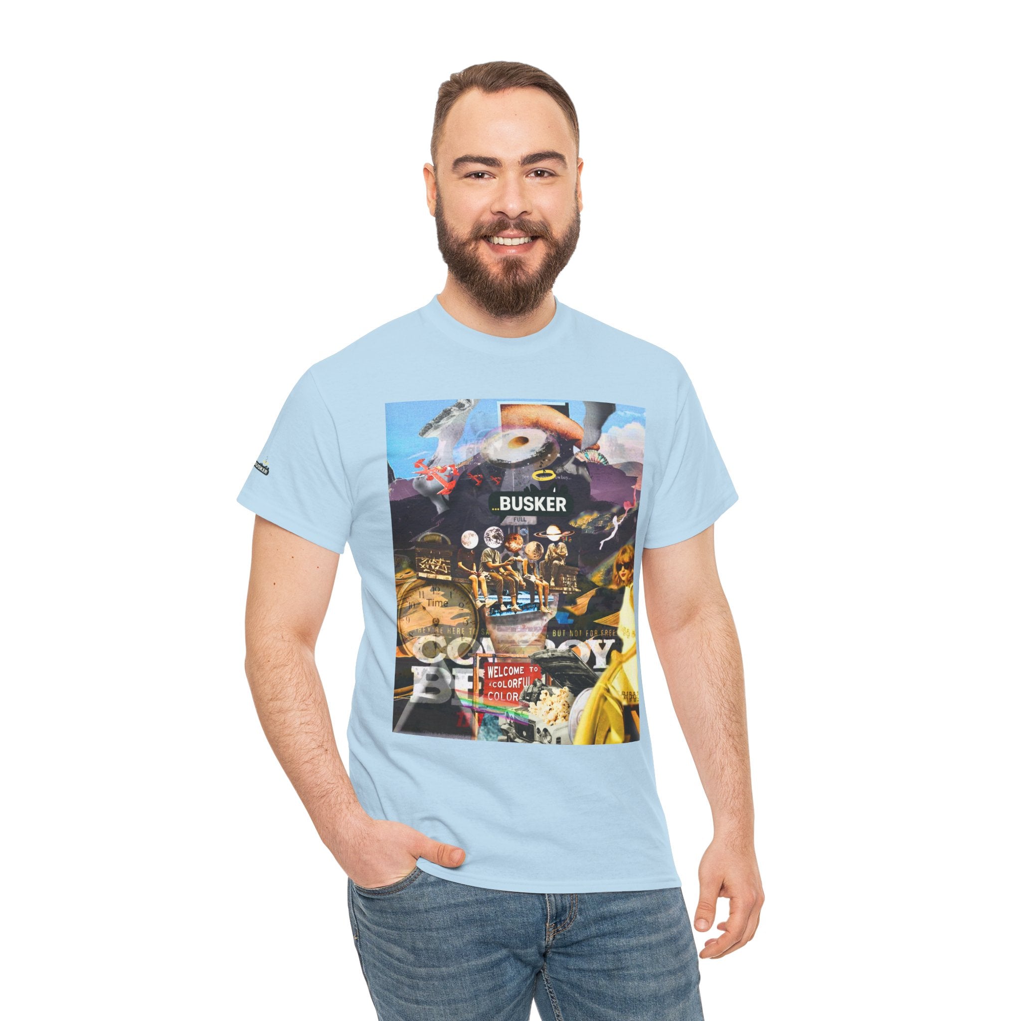 Busker Collage Graphic Tee — Vintage Music Poster Streetwear