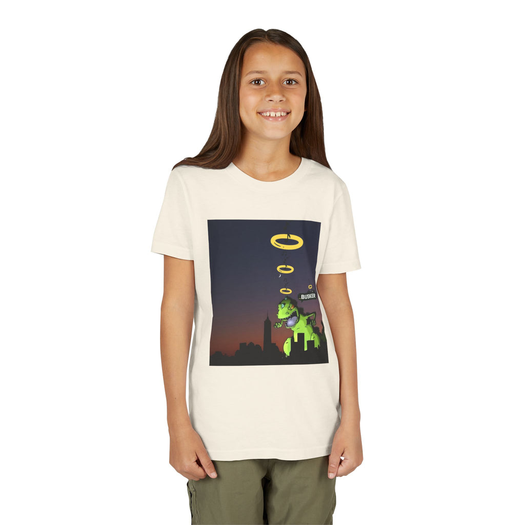 Youth Graphic Tee with Dinosaur Design, Fun Tee for Kids, Summer Style, Birthday Gift, Casual Wear, Playful Outfit, Busker Theme