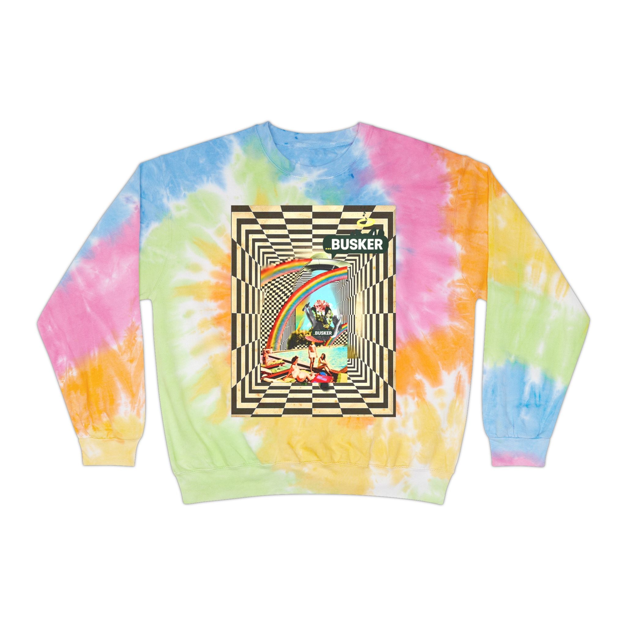 Retro Tie-Dye Sweatshirt with Rainbow Busker Design