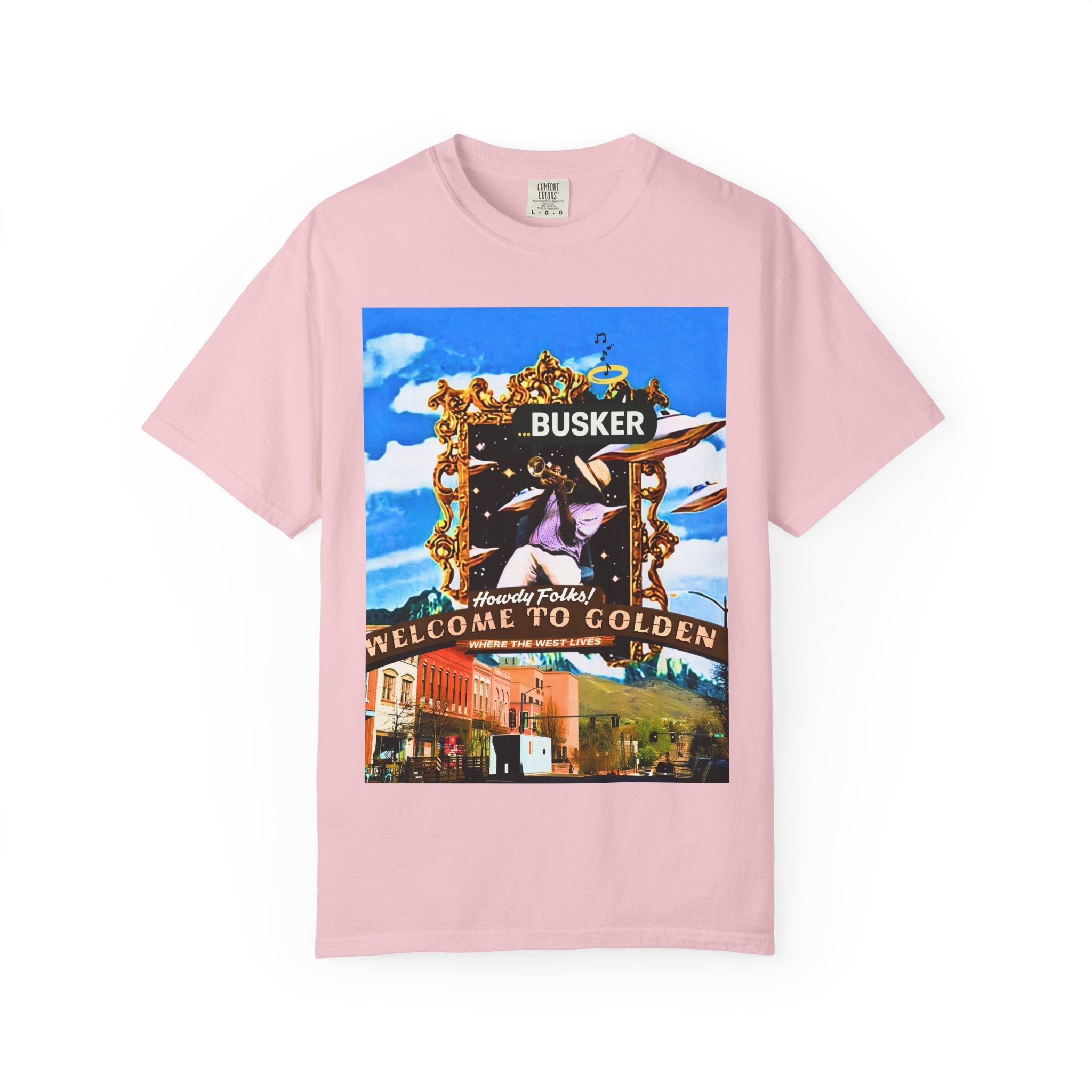 "Welcome to Golden" Exclusive Busker Unisex Garment-Dyed T-shirt, Music Lover Gift, Vintage Style Tee, Festival Wear, Casual Outfit