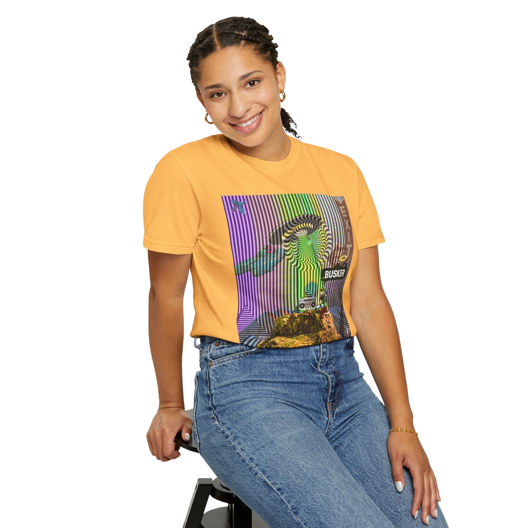 Psychedelic Busker T-Shirt, Unisex Graphic Tee, Music Lover Gift, Festival Wear, Casual Streetwear, Colorful Arttee