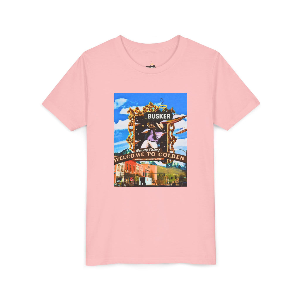 Golden Busker Youth Tee, Summer T-Shirt, Kids Casual Wear, Music Festival Swag, Gift for Young Artists