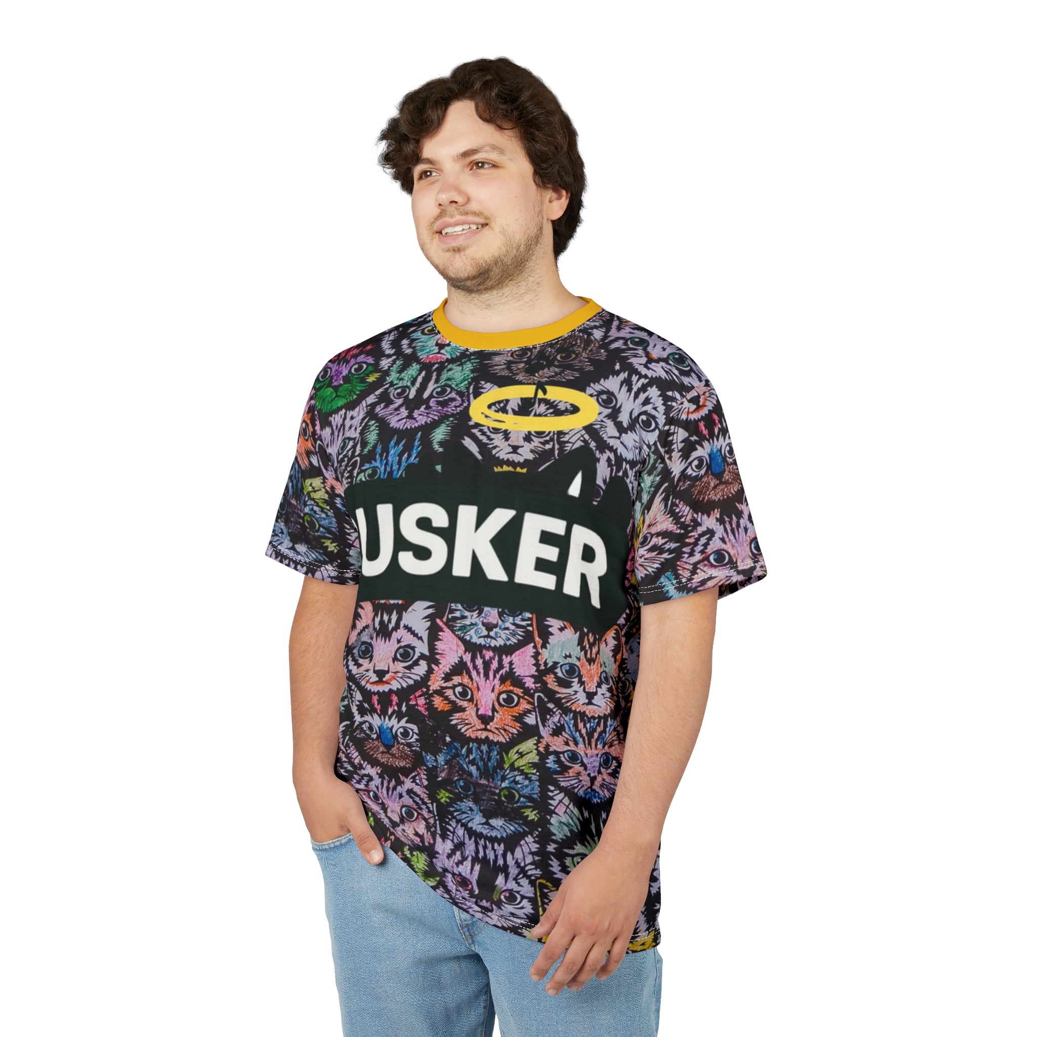 Colorful Cat-Themed Unisex Tee, Fun Graphic T-Shirt, Cat Lover Gift, Casual Wear, Unique AOP Design, Busker Inspired Apparel