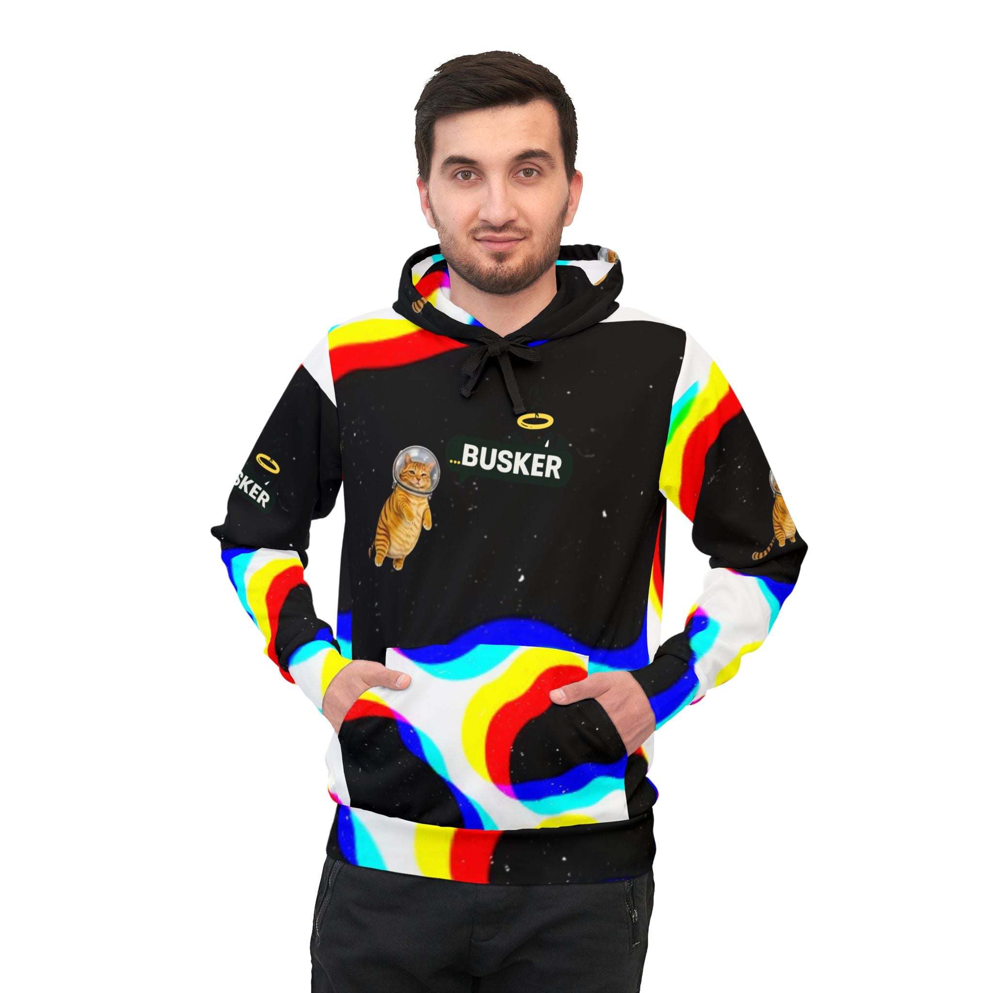 Colorful Space Cat Hoodie, Trendy Athletic Hoodie, Fun Streetwear, Unique Gift for Cat Lovers, Quirky Casual Wear