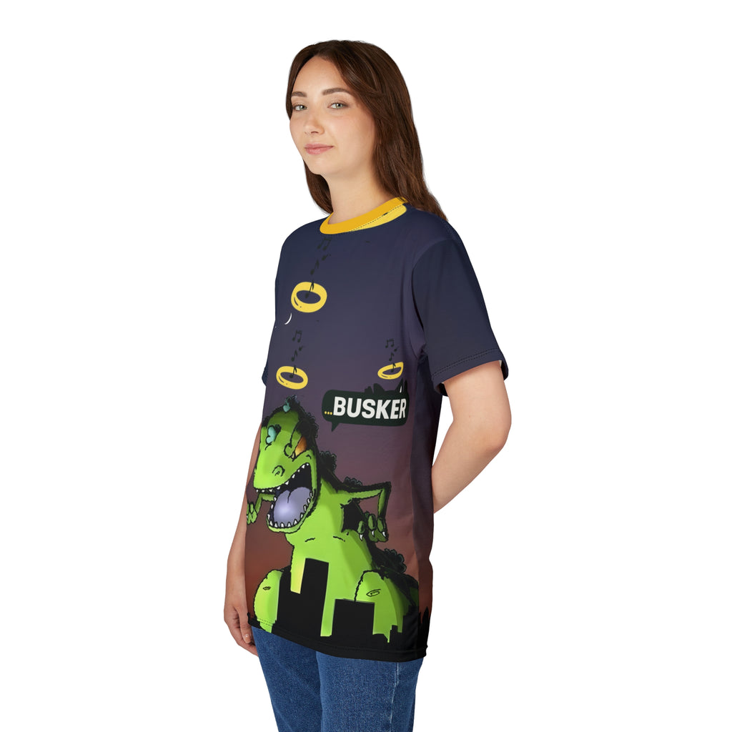 Rooftop Dino Busker Tee | Fun Graphic Shirt for Music Lovers, Festivals, Retro Style, Unisex T-Shirt, Unique Gift Idea