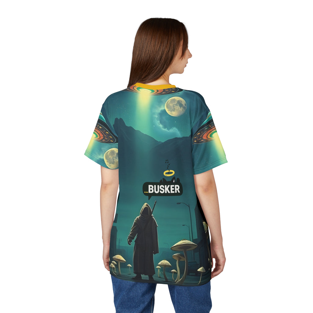 Cosmic Busker Unisex Tee, Galaxy T-Shirt, Sci-Fi Short Sleeve Shirt, Unique Graphic Top, Music Lover Gift, Street Performer Apparel