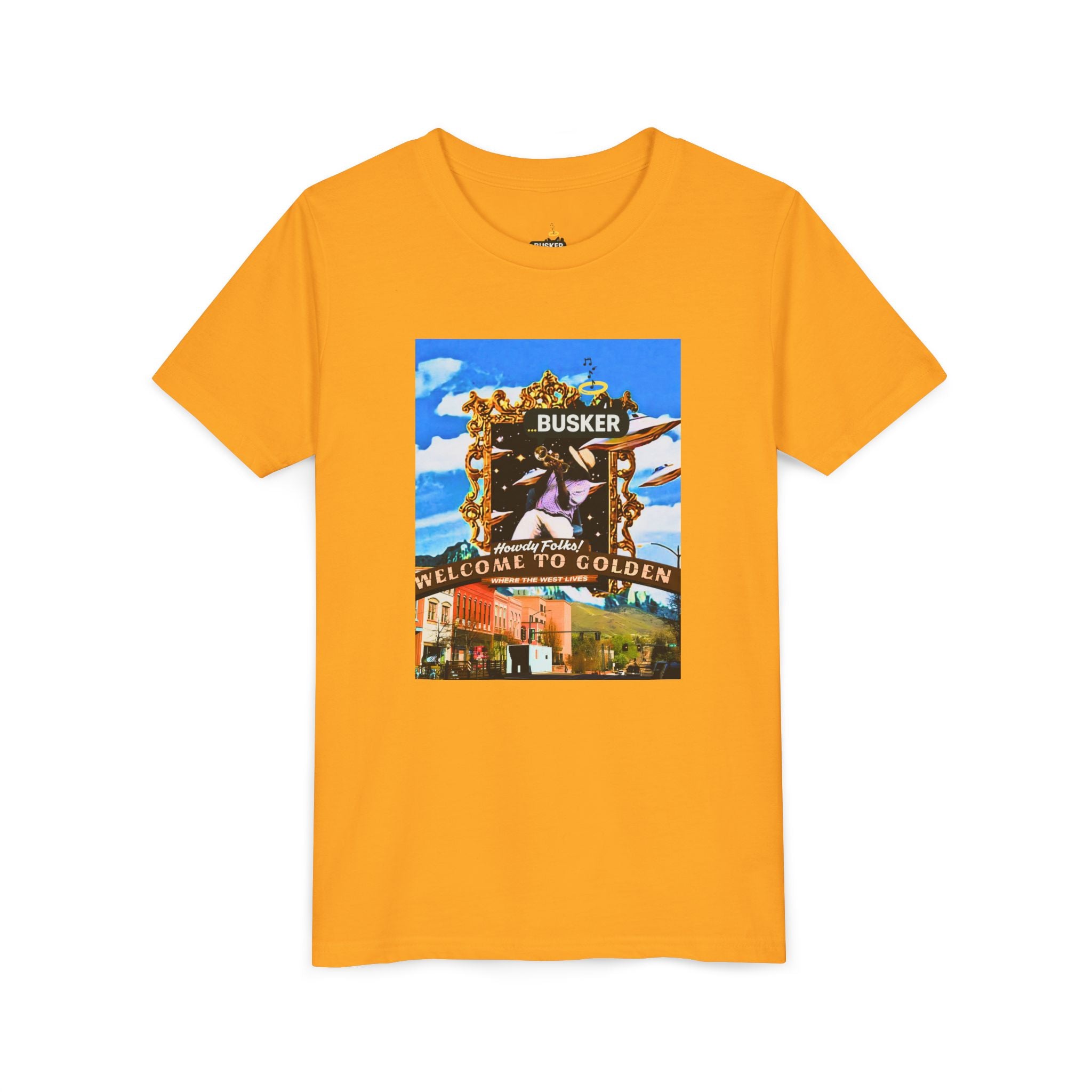 Golden Busker Youth Tee, Summer T-Shirt, Kids Casual Wear, Music Festival Swag, Gift for Young Artists