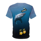 Ocean-Inspired Unisex Cut & Sew Tee, Unique Shark Design, Beachwear, Fun Gift for Ocean Lovers, Playful and Comfortable Clothing