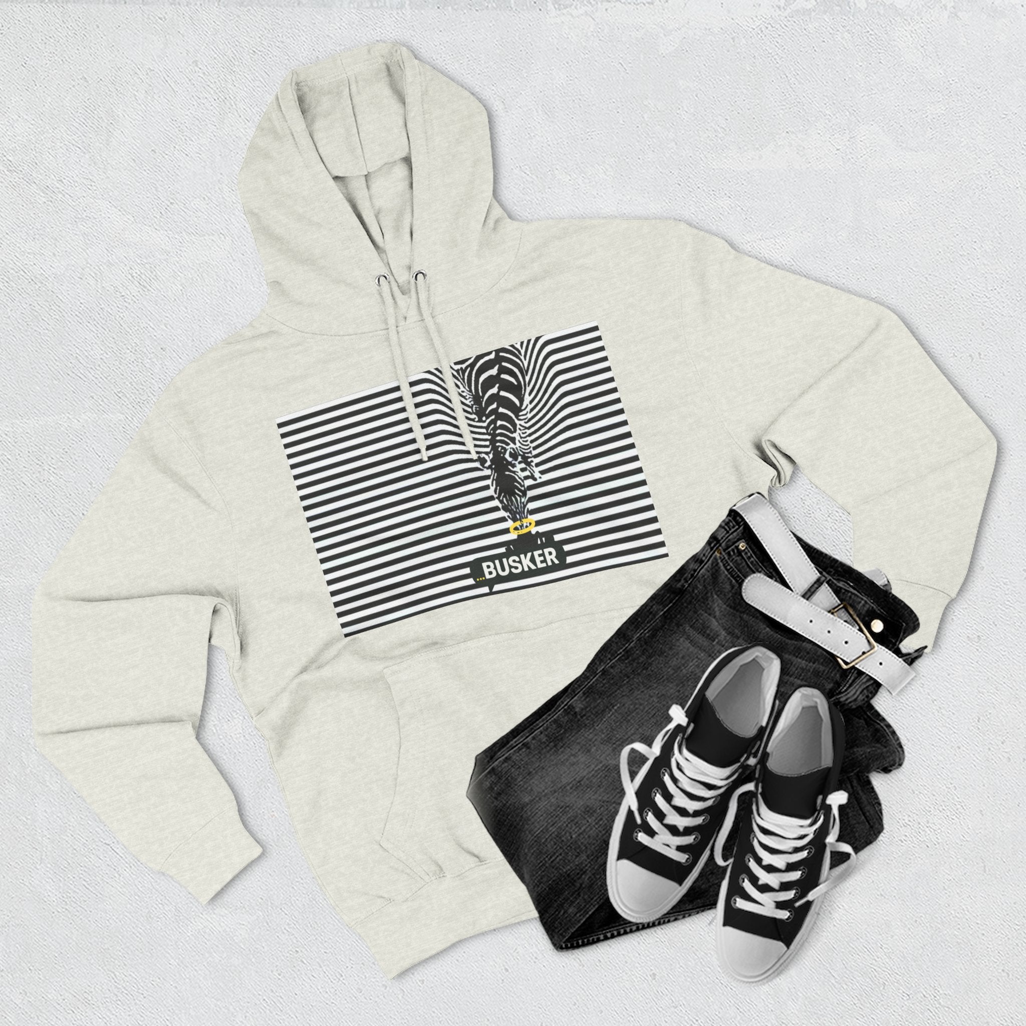 Busker Three-Panel Fleece Hoodie, Striped Design, Unisex Fashion Hoodie, Cozy Gift for Music Lovers, Street Performer Style