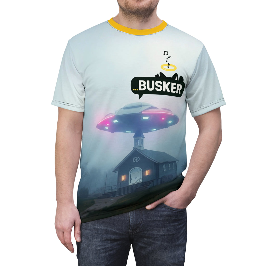 Cool Graphic Tee for Music Lovers | UFO Busker Design, Unique T-Shirt, Music Festival Wear, Quirky Gift, Unisex Casual Wear