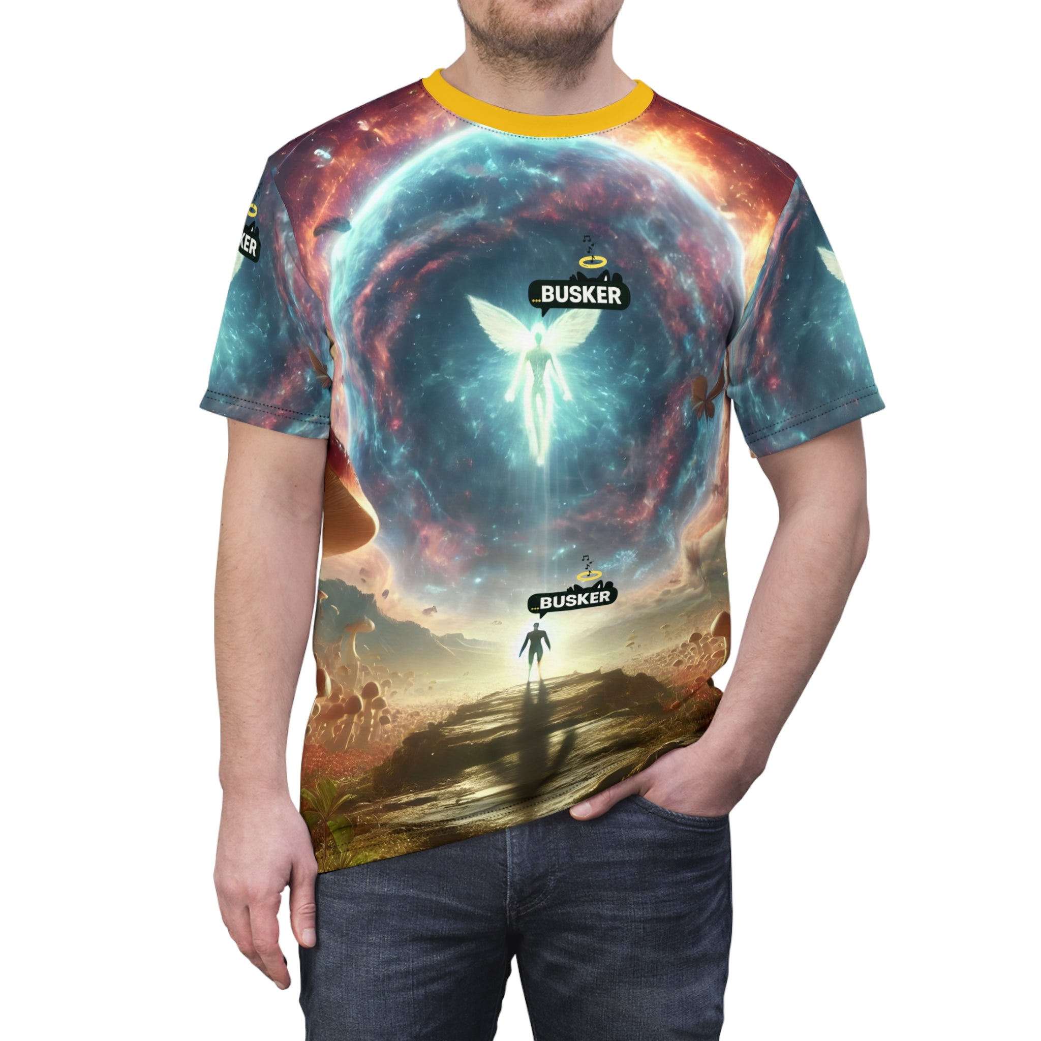 Cosmic Adventure Unisex Tee, Fantasy T-Shirt, Artistic AOP Shirt, Gift for Dreamers, Unique Casual Wear, Festival Clothing