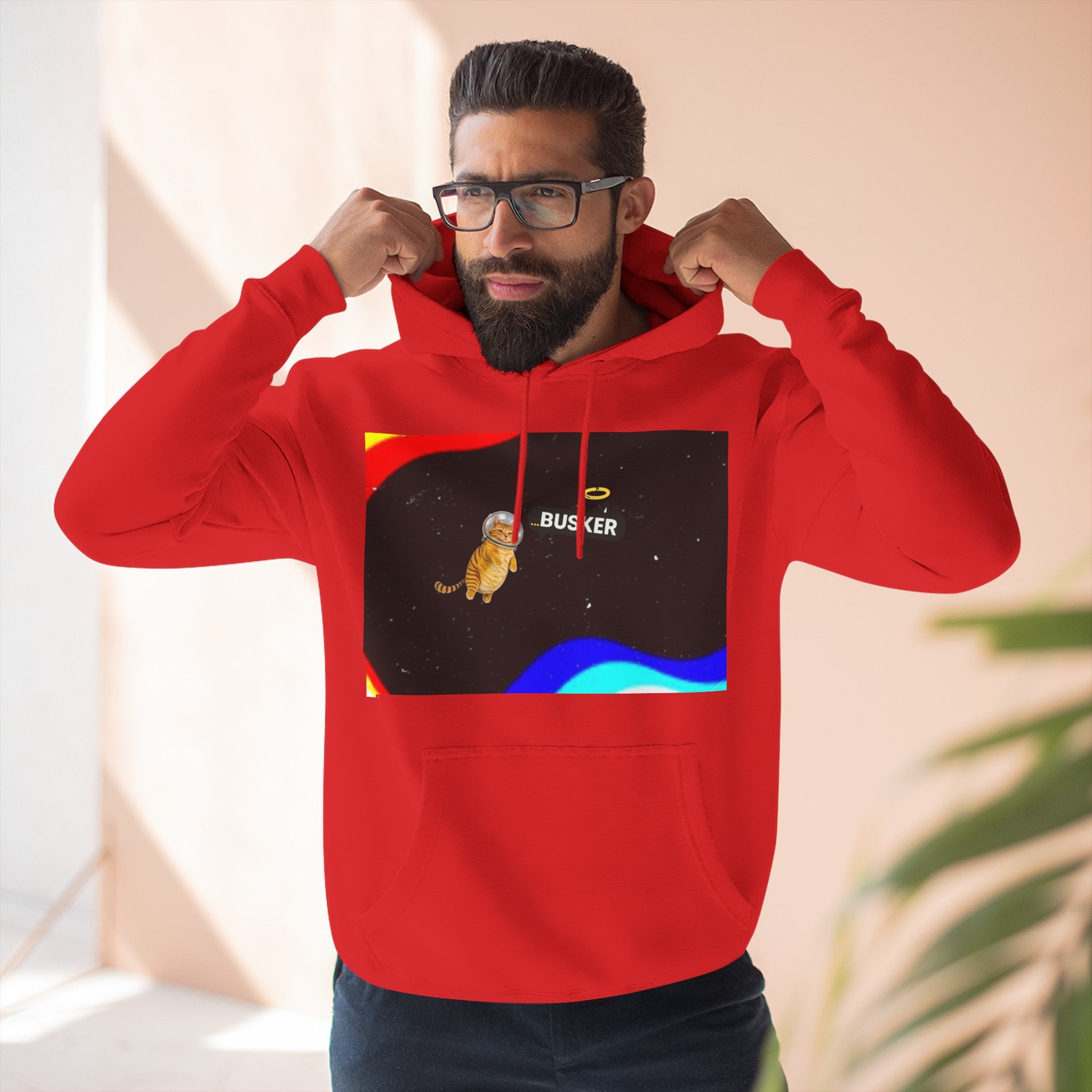 Colorful Space Cat Fleece Hoodie, Cozy, Unique, Gift for Cat Lovers, Birthday, Casual Wear, Fun Design
