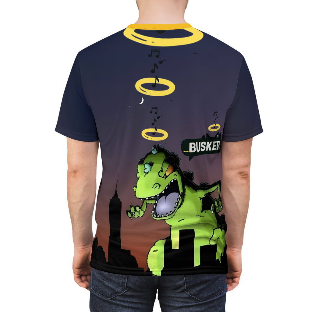 Rooftop Dino Busker Tee | Fun Graphic Shirt for Music Lovers, Festivals, Retro Style, Unisex T-Shirt, Unique Gift Idea