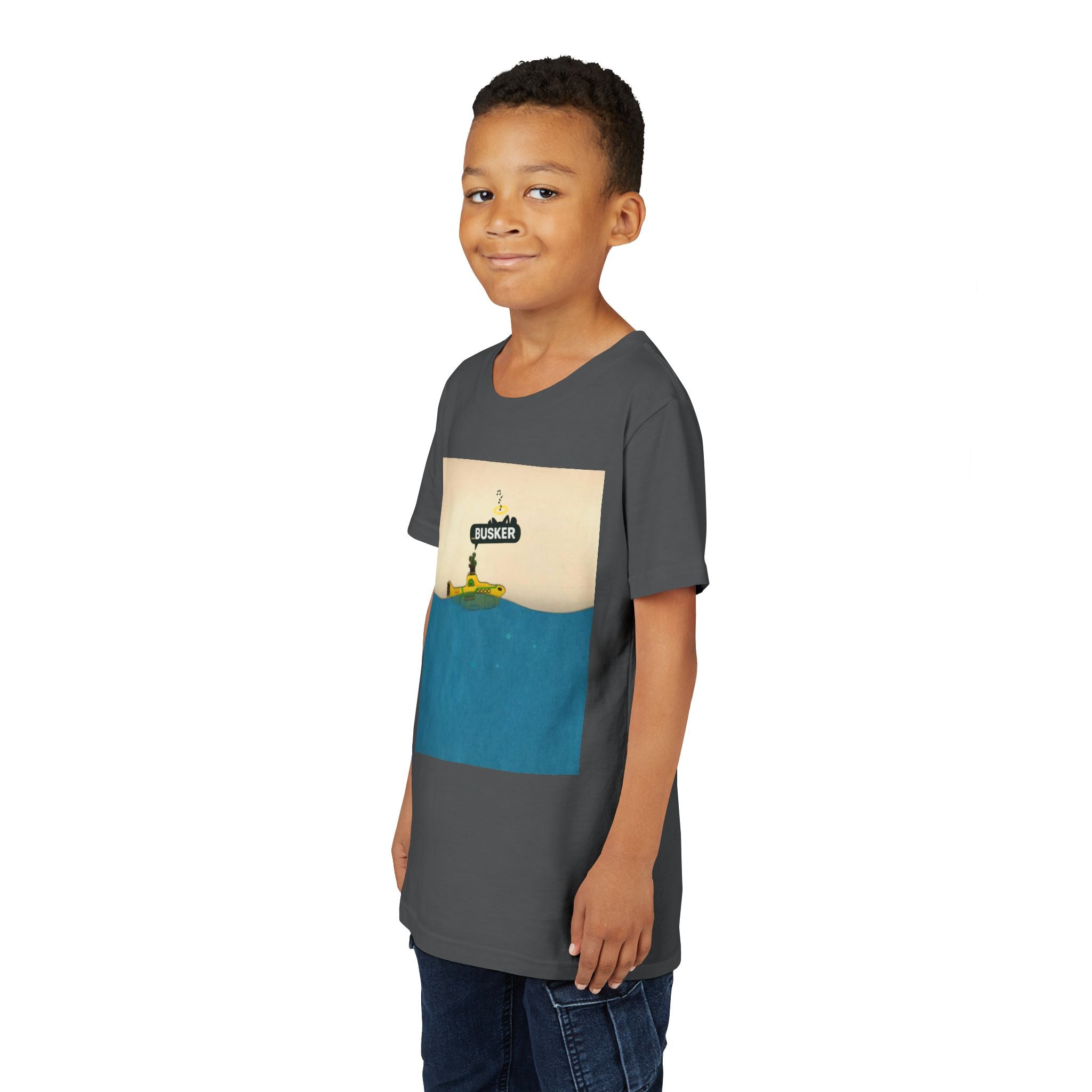 Whimsical Youth Tee with 'Busker' Design, Fun Gift, Summer Style, Music Lovers, Kid's Fashion, Creative Apparel