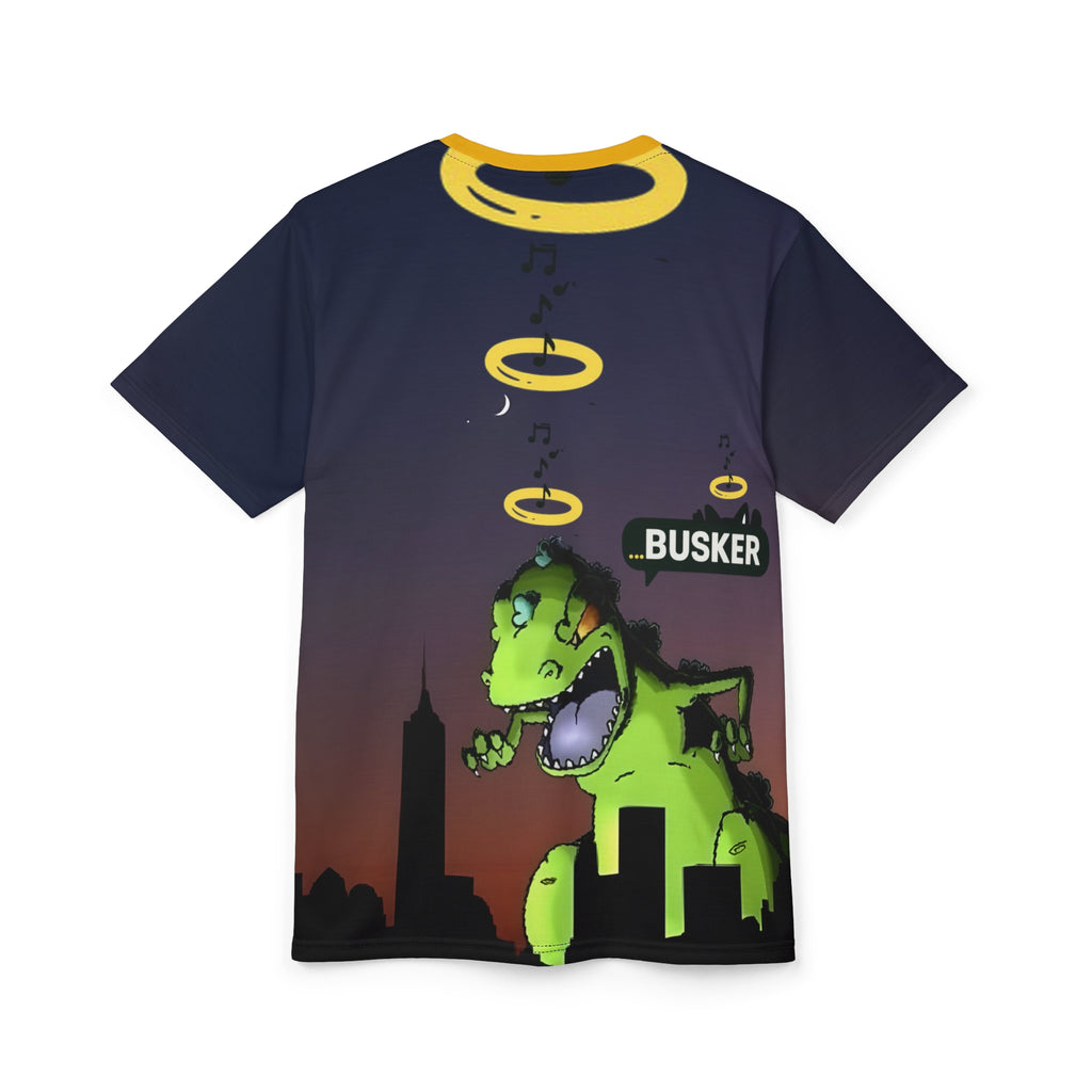 Rooftop Dino Busker Tee | Fun Graphic Shirt for Music Lovers, Festivals, Retro Style, Unisex T-Shirt, Unique Gift Idea
