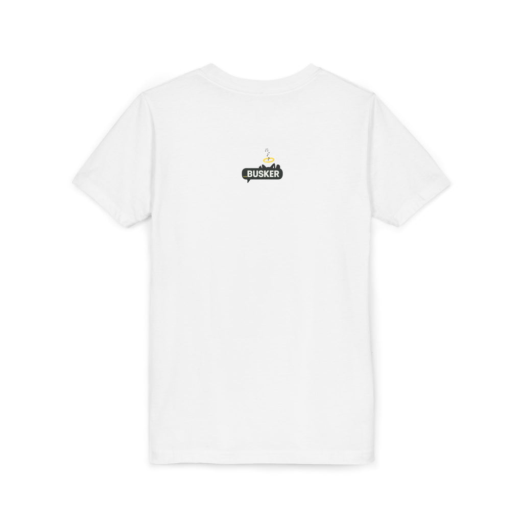 Whimsical Youth Tee with 'Busker' Design, Fun Gift, Summer Style, Music Lovers, Kid's Fashion, Creative Apparel