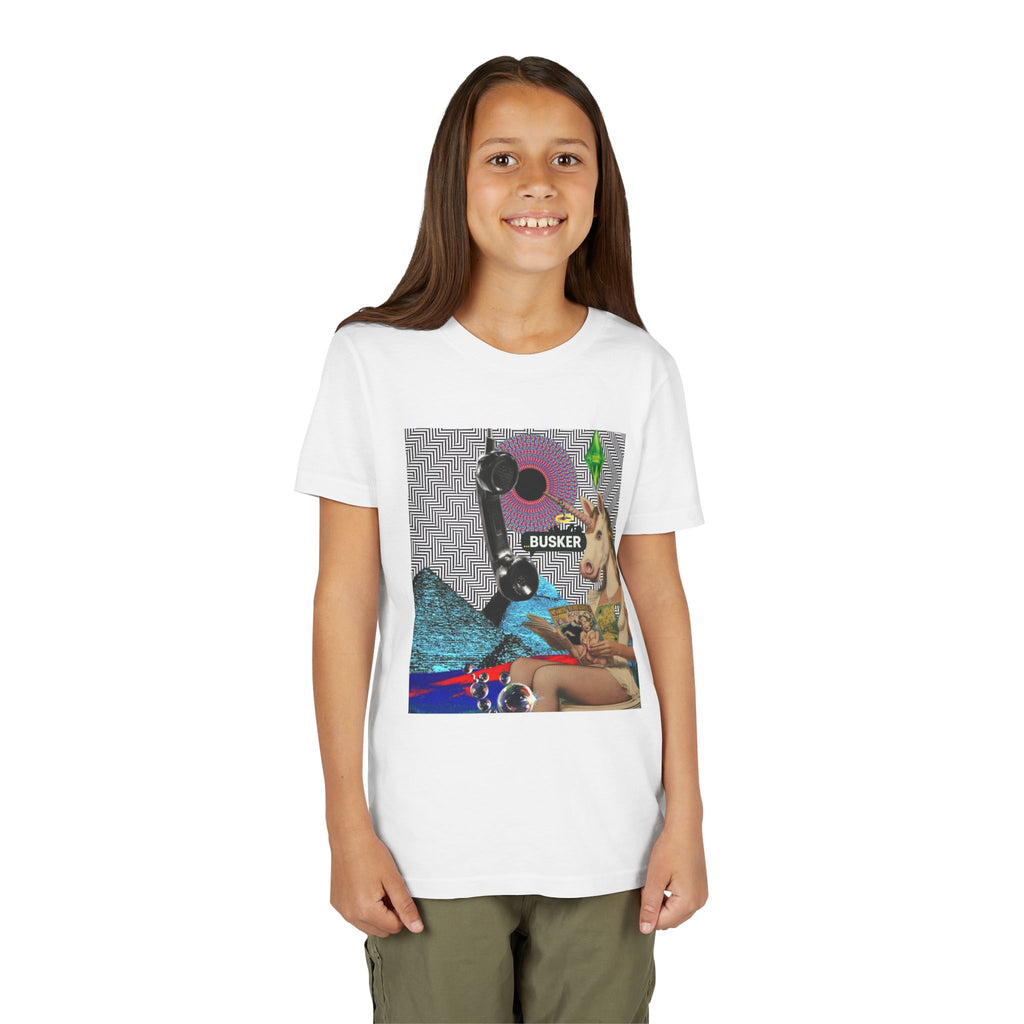 Youth Graphic Tee with Fun 'Busker' Design, Cool Summer Shirt, Gifts for Kids, Festival Attire, Trendy Youthwear