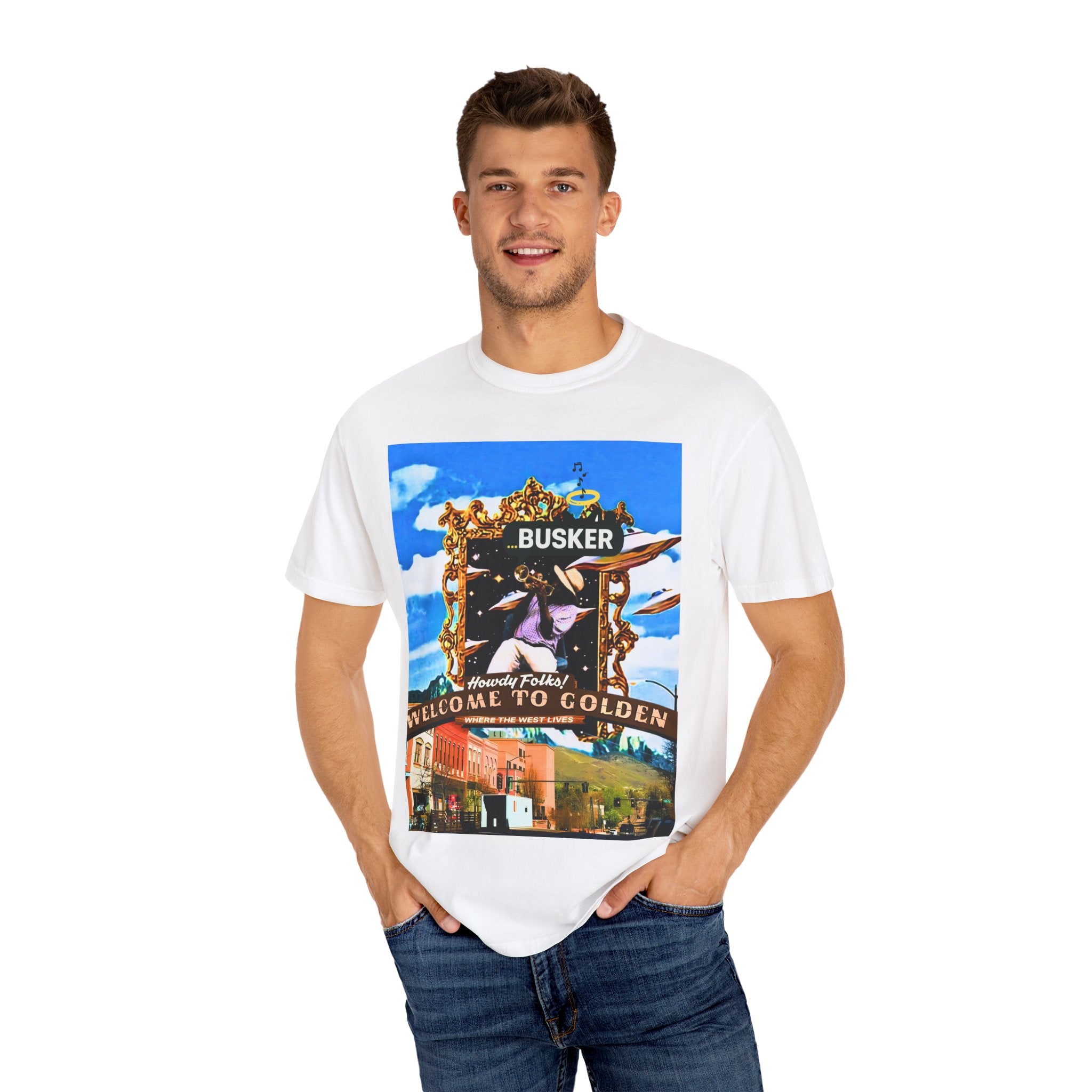 "Welcome to Golden" Exclusive Busker Unisex Garment-Dyed T-shirt, Music Lover Gift, Vintage Style Tee, Festival Wear, Casual Outfit