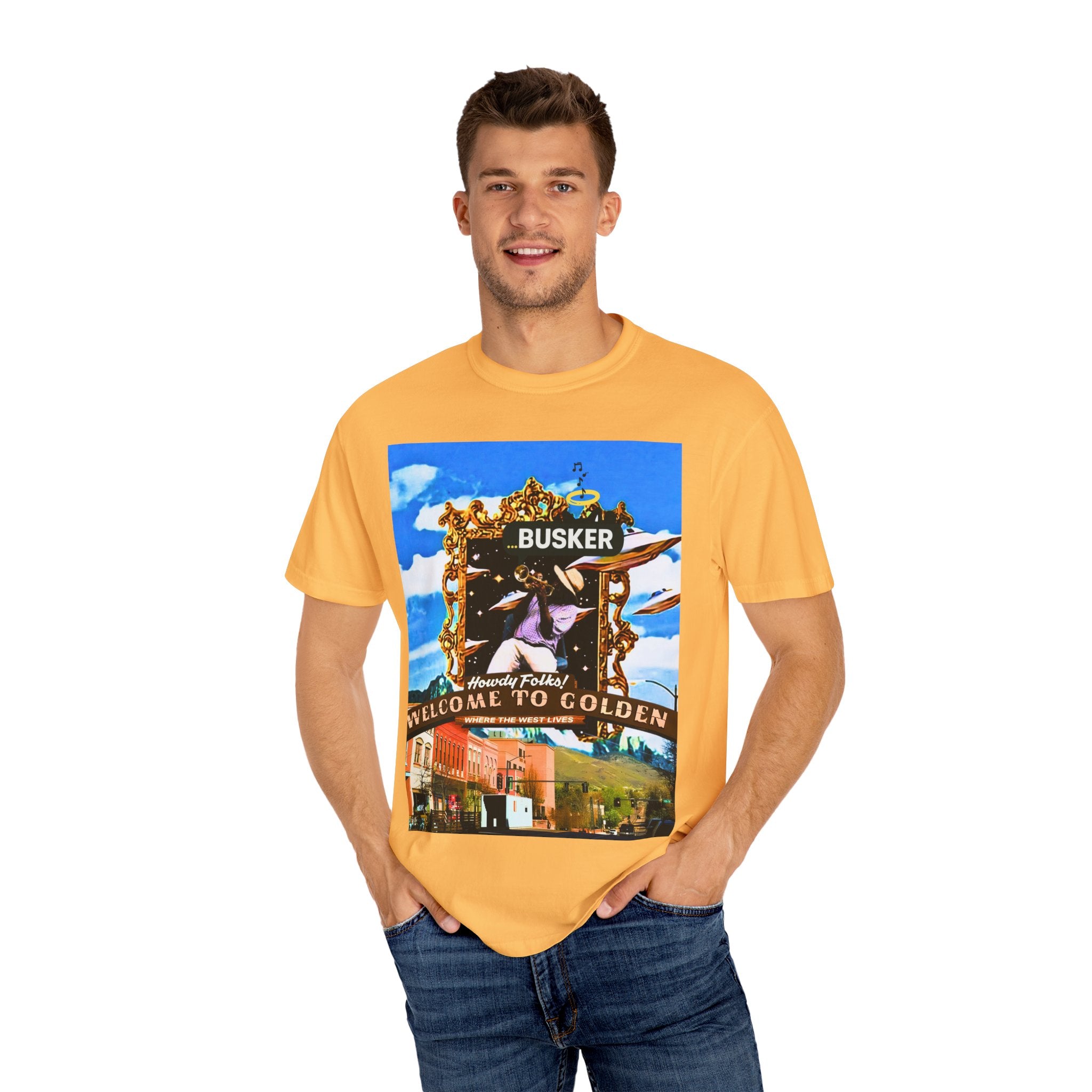 "Welcome to Golden" Exclusive Busker Unisex Garment-Dyed T-shirt, Music Lover Gift, Vintage Style Tee, Festival Wear, Casual Outfit