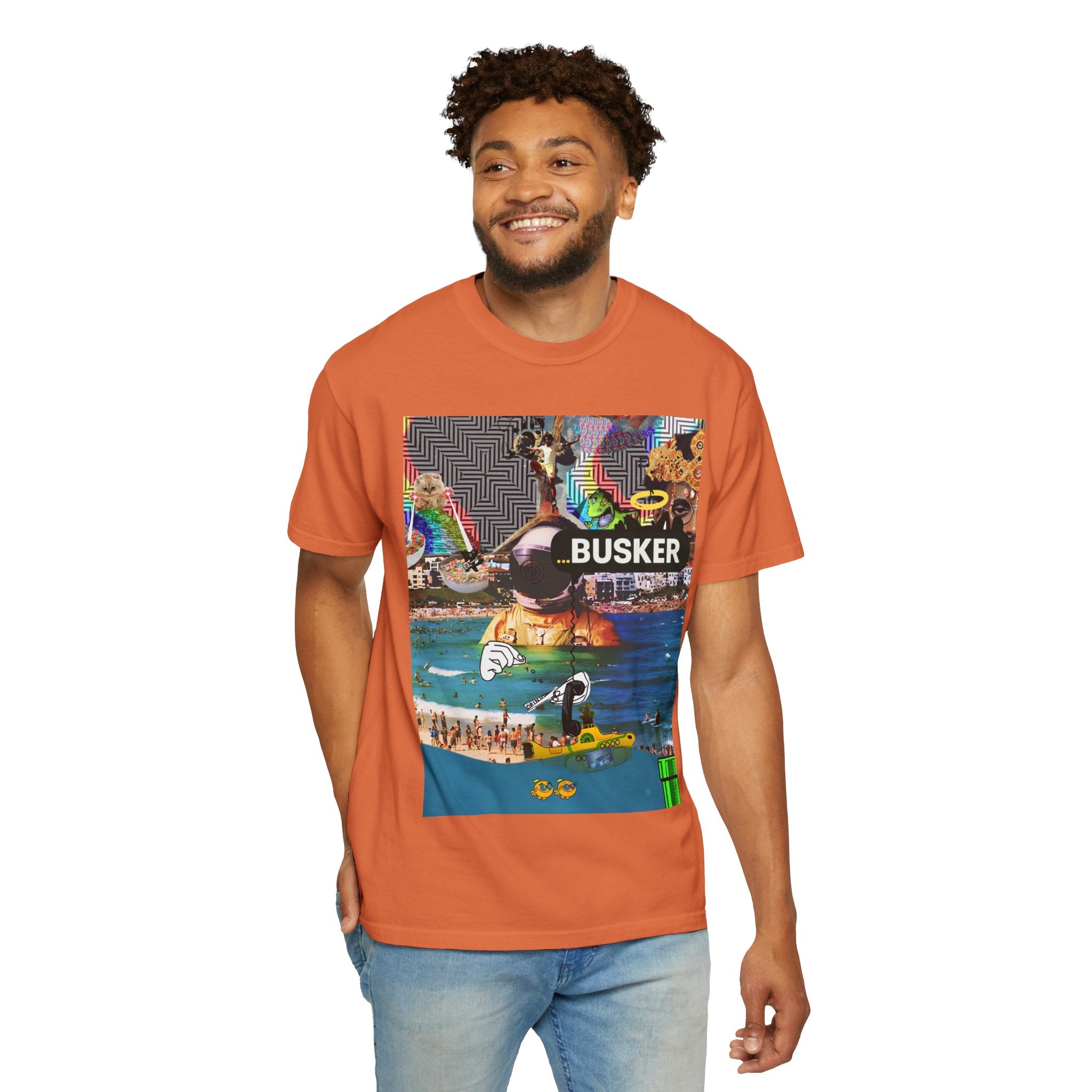 Vibrant Busker T-Shirt, Unisex Graphic Tee, Street Art Inspired Apparel, Casual Wear, Summer Festival Clothing