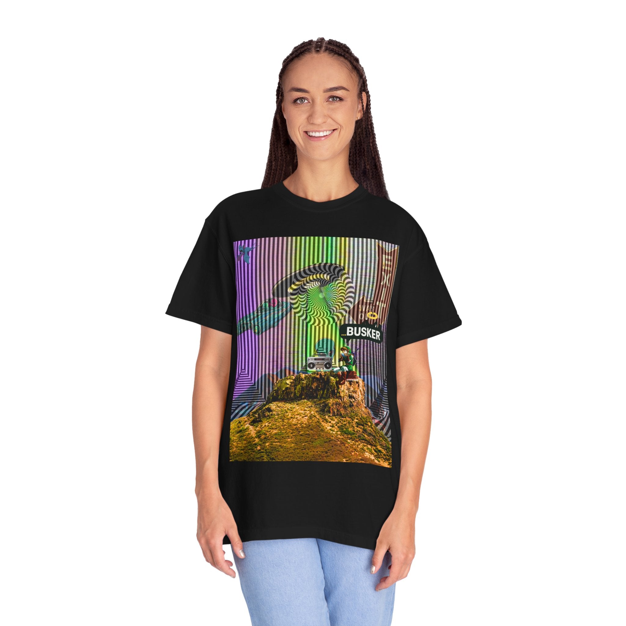 Psychedelic Busker T-Shirt, Unisex Graphic Tee, Music Lover Gift, Festival Wear, Casual Streetwear, Colorful Arttee
