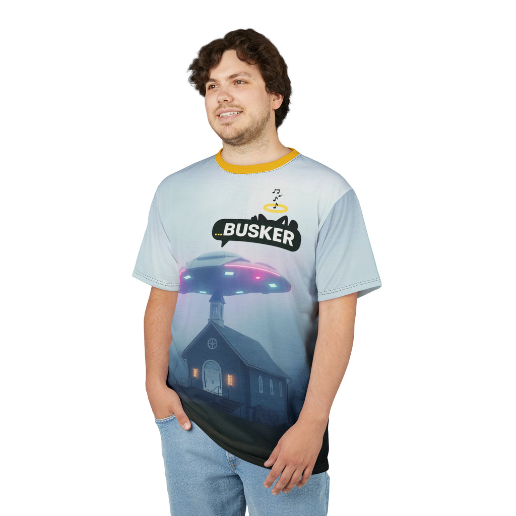 Cool Graphic Tee for Music Lovers | UFO Busker Design, Unique T-Shirt, Music Festival Wear, Quirky Gift, Unisex Casual Wear