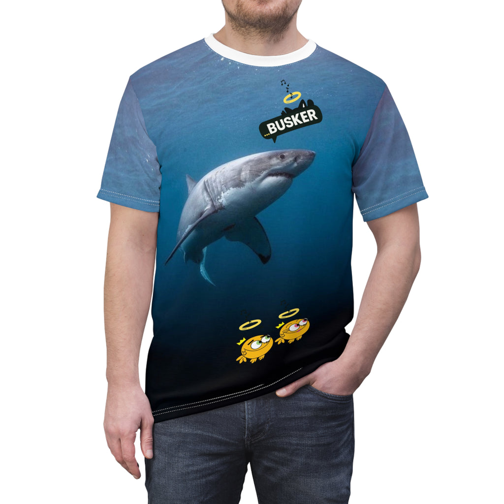 Ocean-Inspired Unisex Cut & Sew Tee, Unique Shark Design, Beachwear, Fun Gift for Ocean Lovers, Playful and Comfortable Clothing