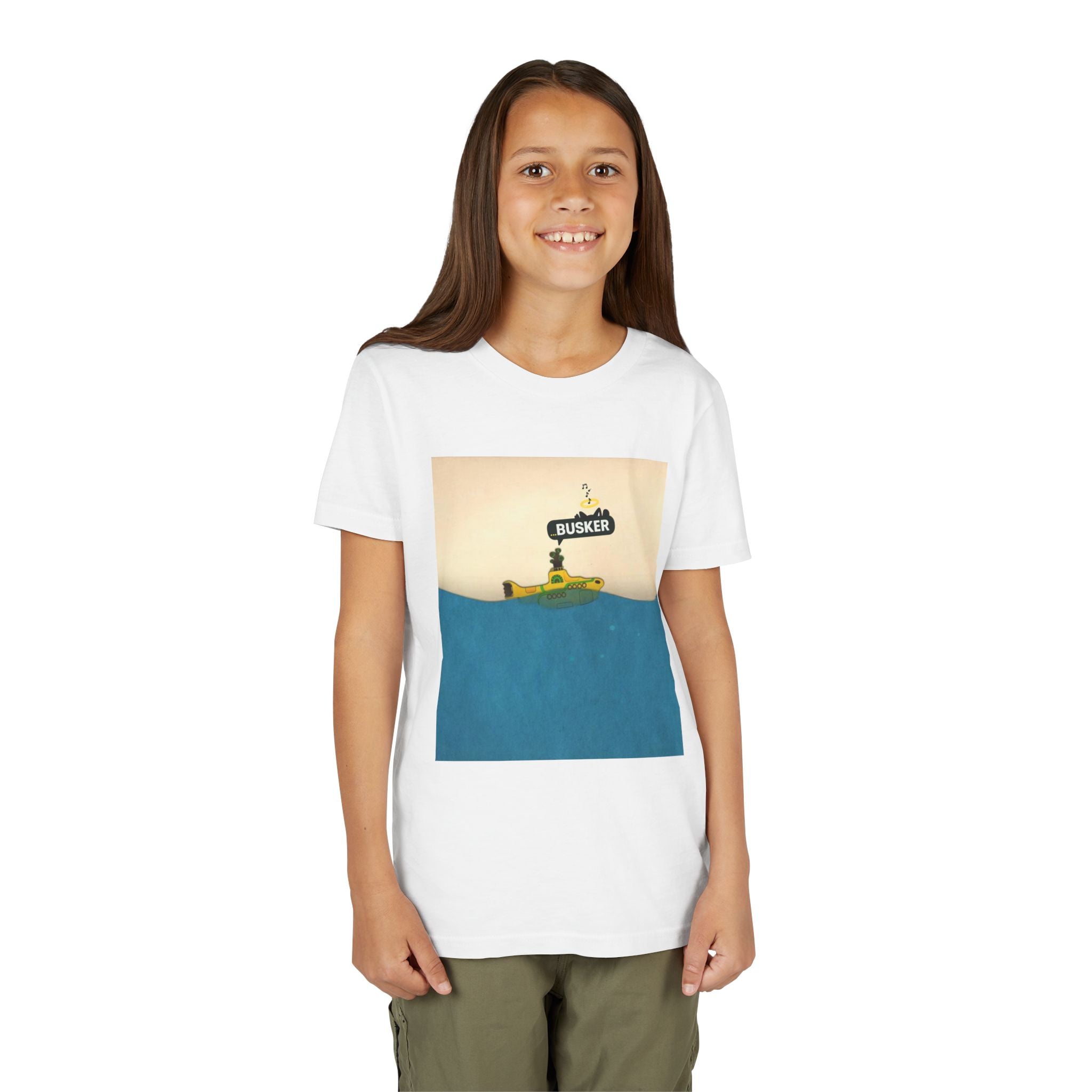 Whimsical Youth Tee with 'Busker' Design, Fun Gift, Summer Style, Music Lovers, Kid's Fashion, Creative Apparel