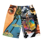Collage Surf Board Shorts — Retro Pop Art Swim Trunks with Face & Cat Motif