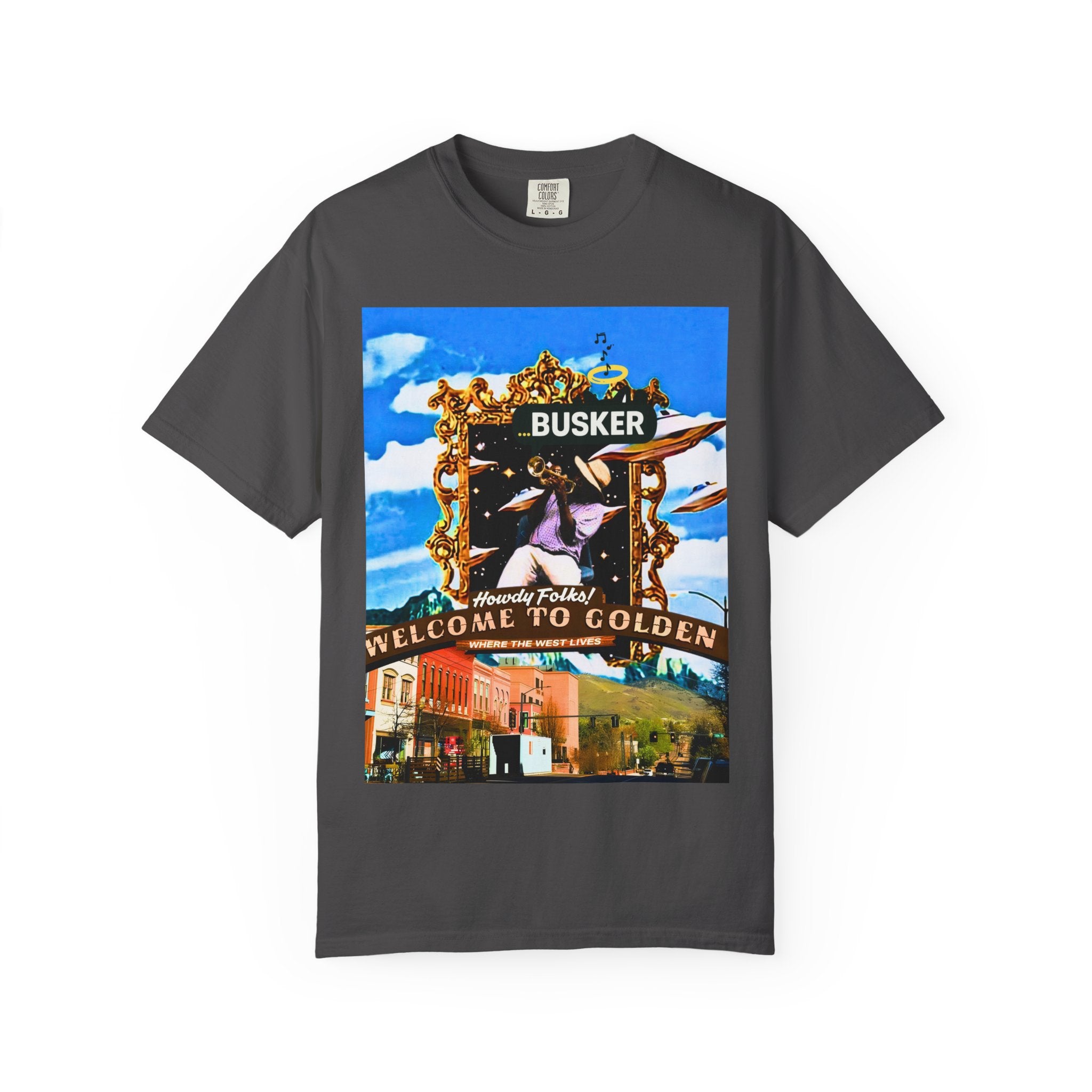 "Welcome to Golden" Exclusive Busker Unisex Garment-Dyed T-shirt, Music Lover Gift, Vintage Style Tee, Festival Wear, Casual Outfit