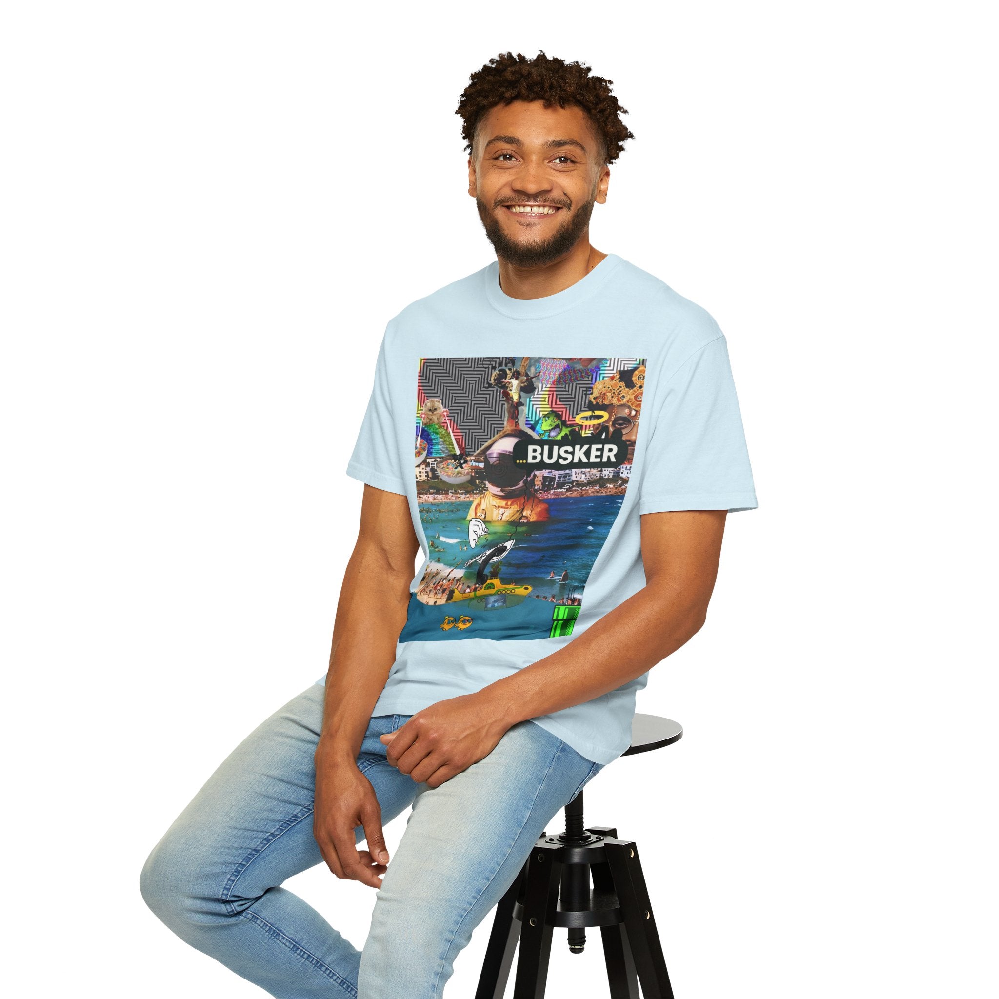 Vibrant Busker T-Shirt, Unisex Graphic Tee, Street Art Inspired Apparel, Casual Wear, Summer Festival Clothing