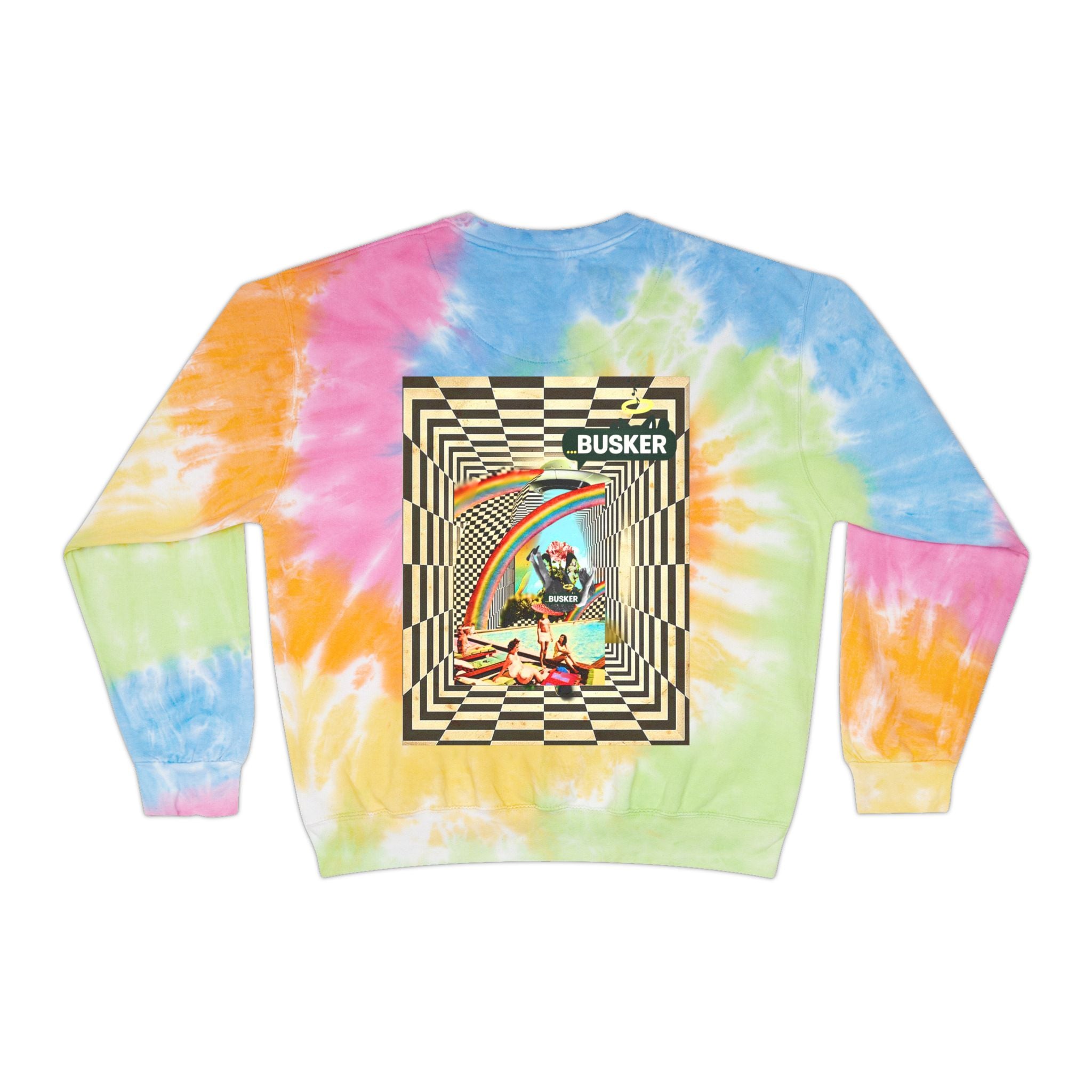 Retro Tie-Dye Sweatshirt with Rainbow Busker Design