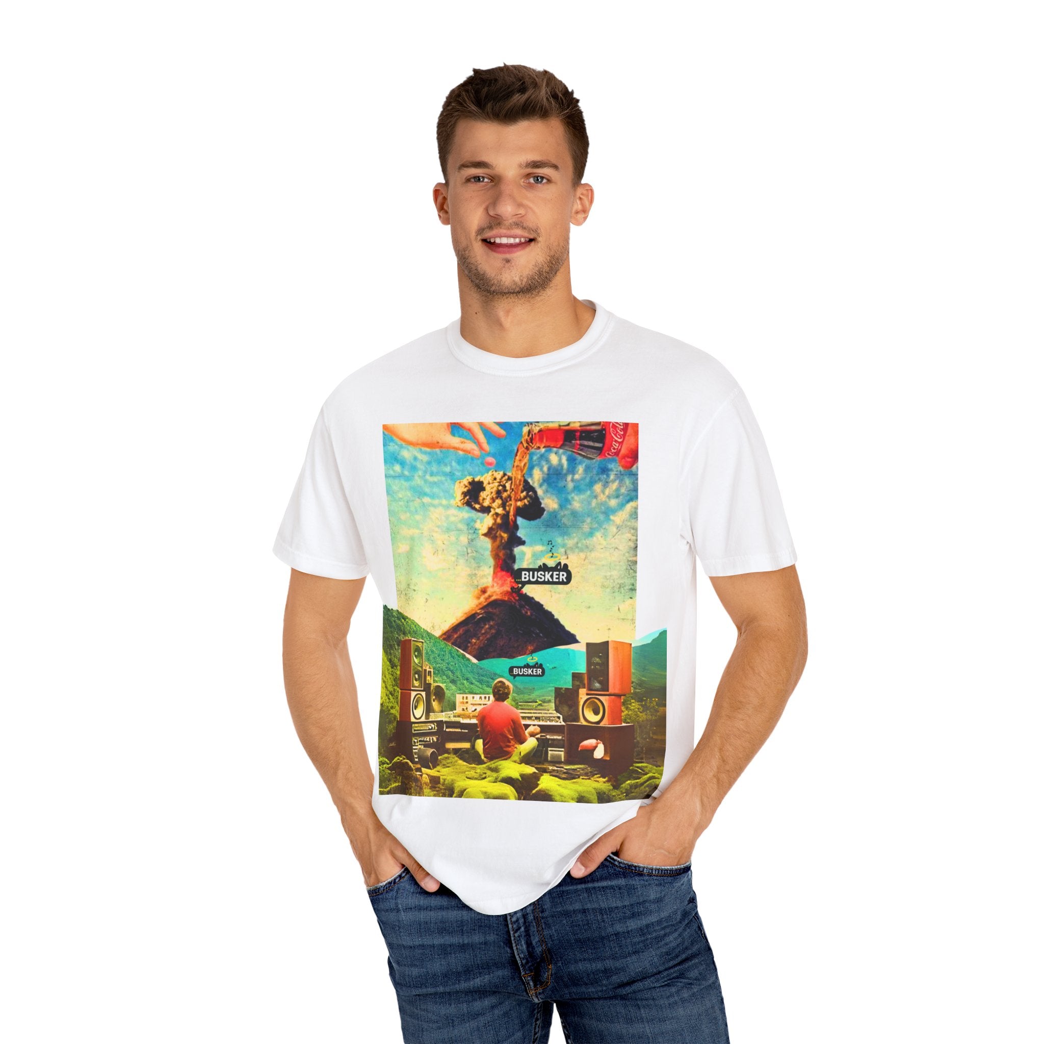 Garment-Dyed T-Shirt with Busker Design, Unisex Vintage Tee, Music Lover's Gift, Festival T-Shirt, Casual Wear, Unique Graphic Tee