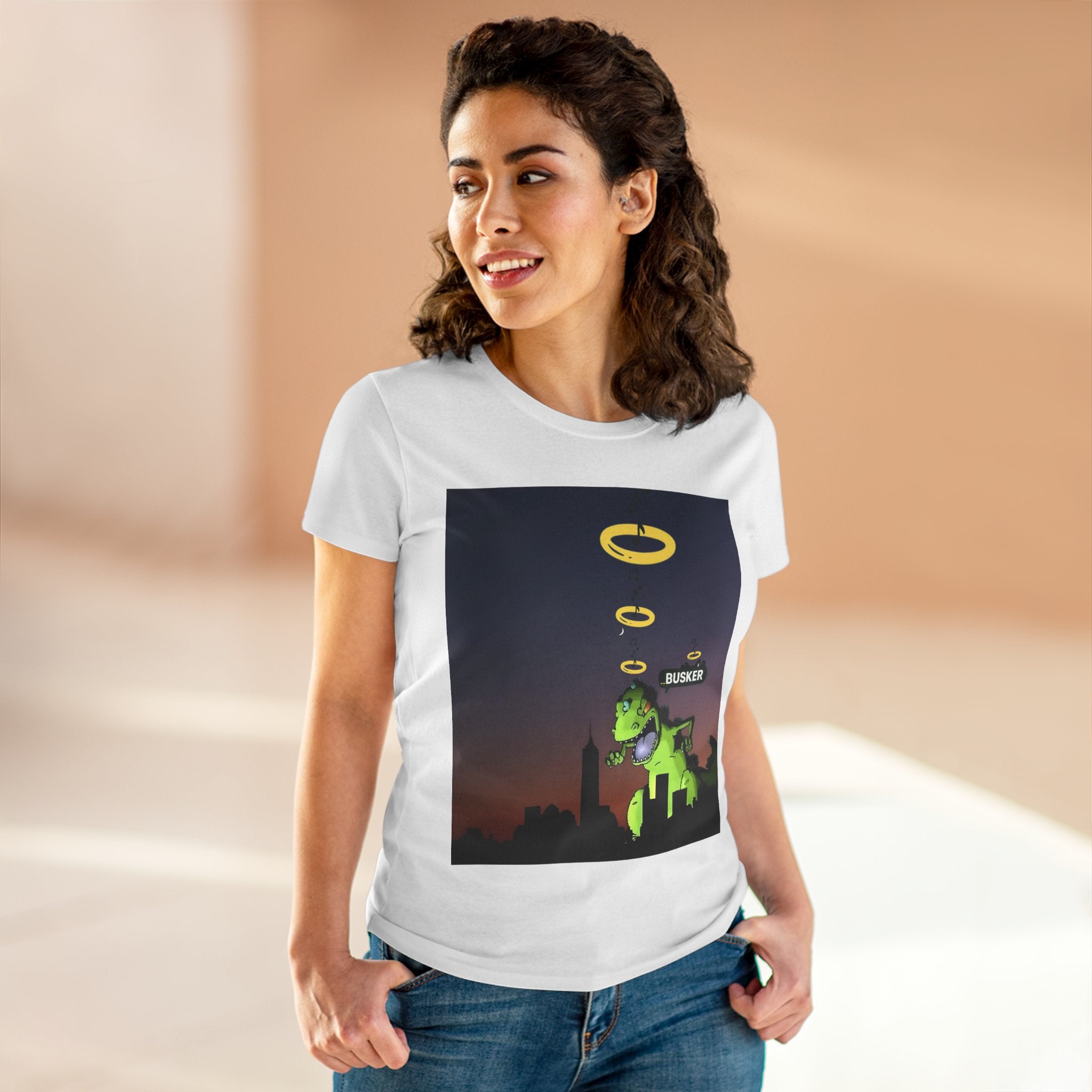 Dinosaur Busker Tee - Fun Women's Cotton T-Shirt, Casual Wear, Gift for Music Lovers, Dinosaur Design, Summer Essential