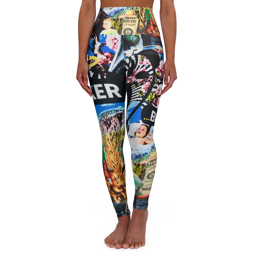 Trippy Farmer Busker Collage High-Waist Yoga Leggings — Vibrant Street-Art AOP