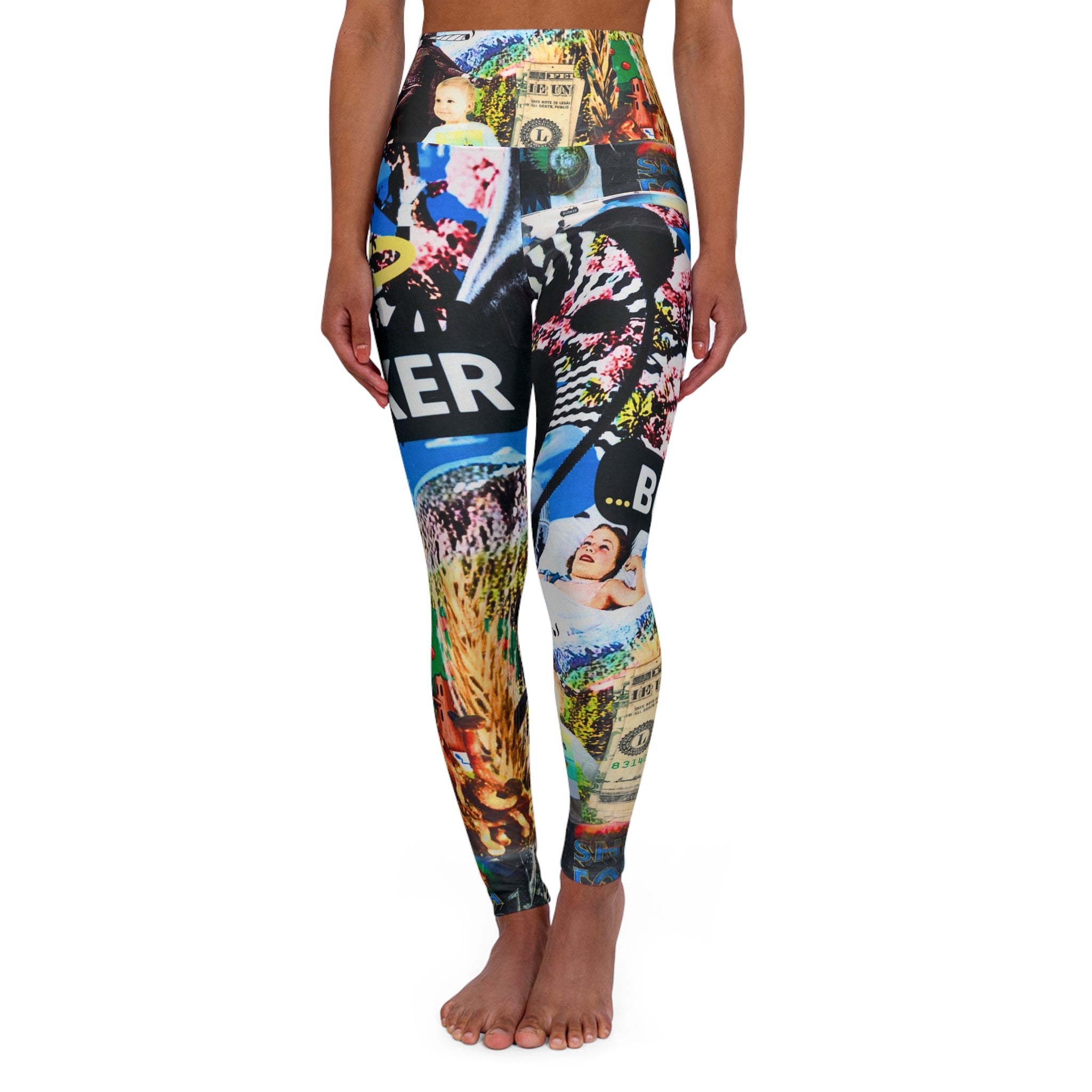 Trippy Farmer Busker Collage High-Waist Yoga Leggings — Vibrant Street-Art AOP