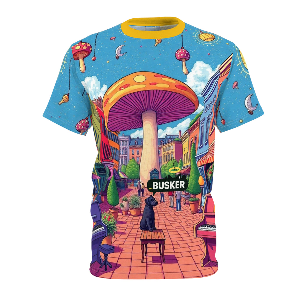 Colorful Mushroom Art Unisex Tee, Funky Graphic Tee, Gift for Music Lovers, Street Art Apparel, Summer Festival Shirt, Unique AOP T-Shirt