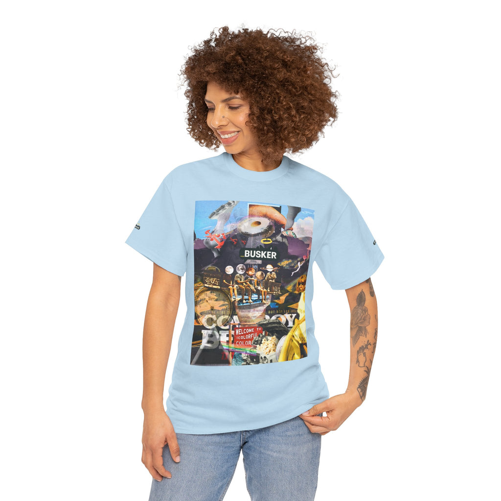 Busker Collage Graphic Tee — Vintage Music Poster Streetwear