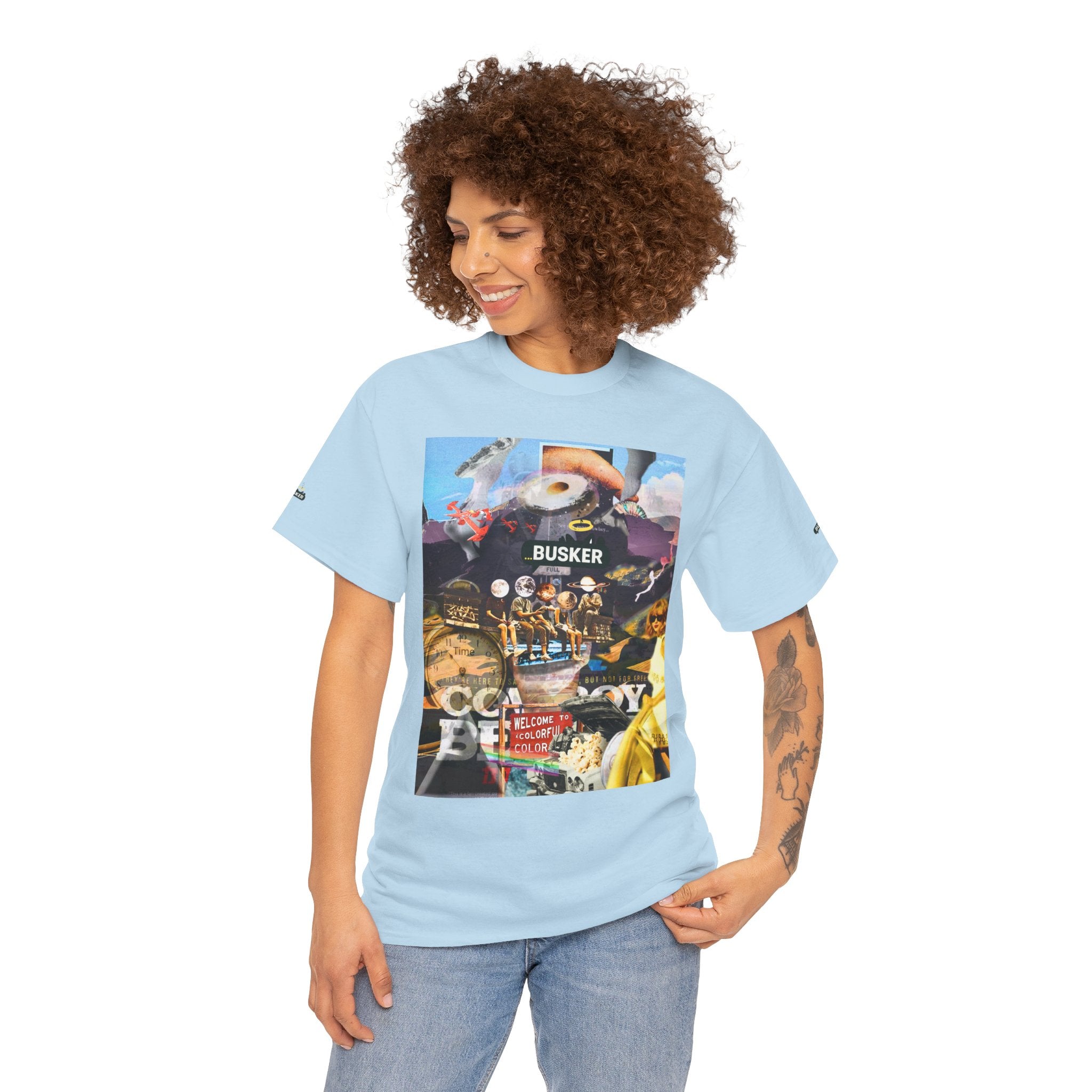 Busker Collage Graphic Tee — Vintage Music Poster Streetwear