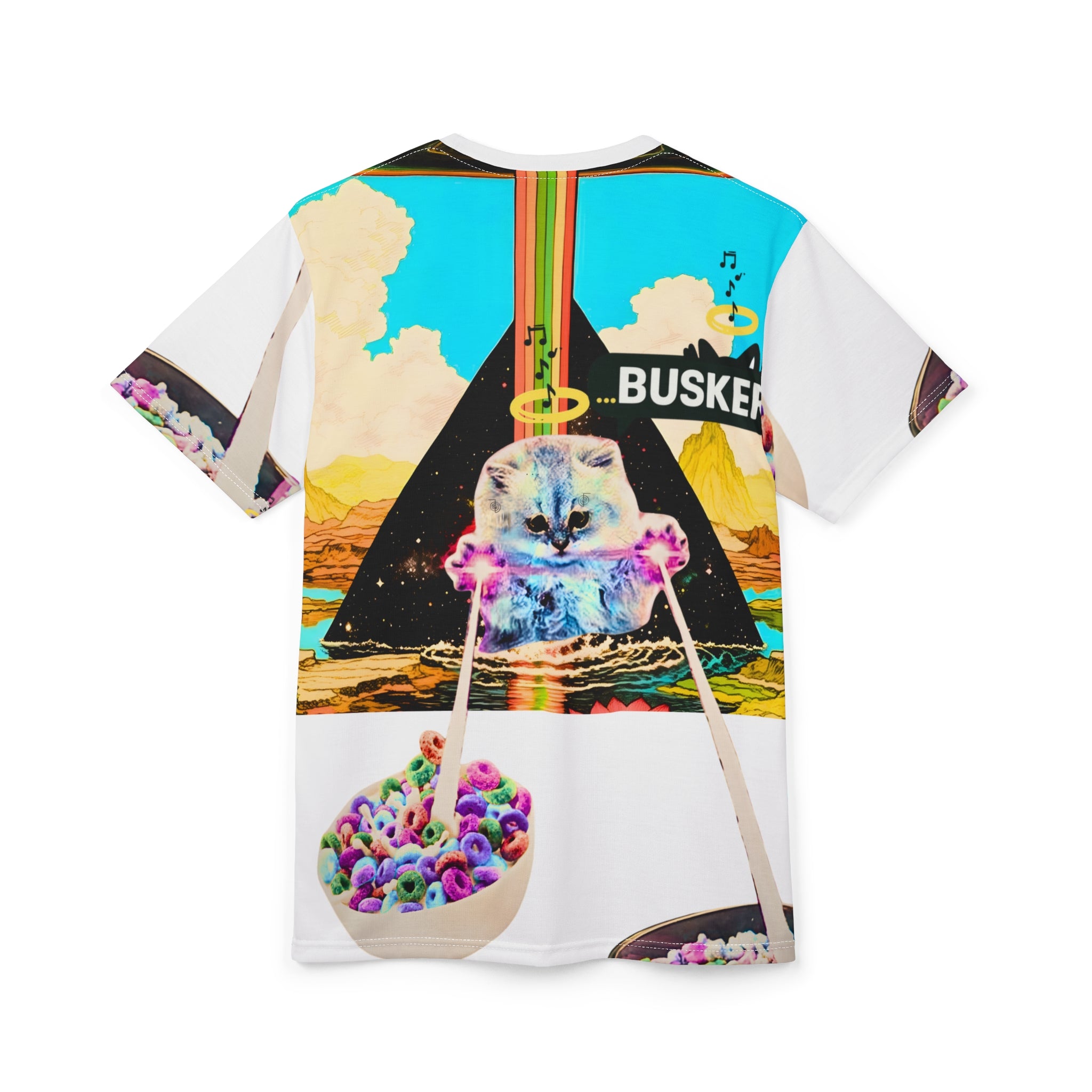 Colorful Cat & Cereal Unisex Tee, Fun Graphic Shirt, Unique Gift for Cat Lovers, Summer Fashion, Retro Vibe